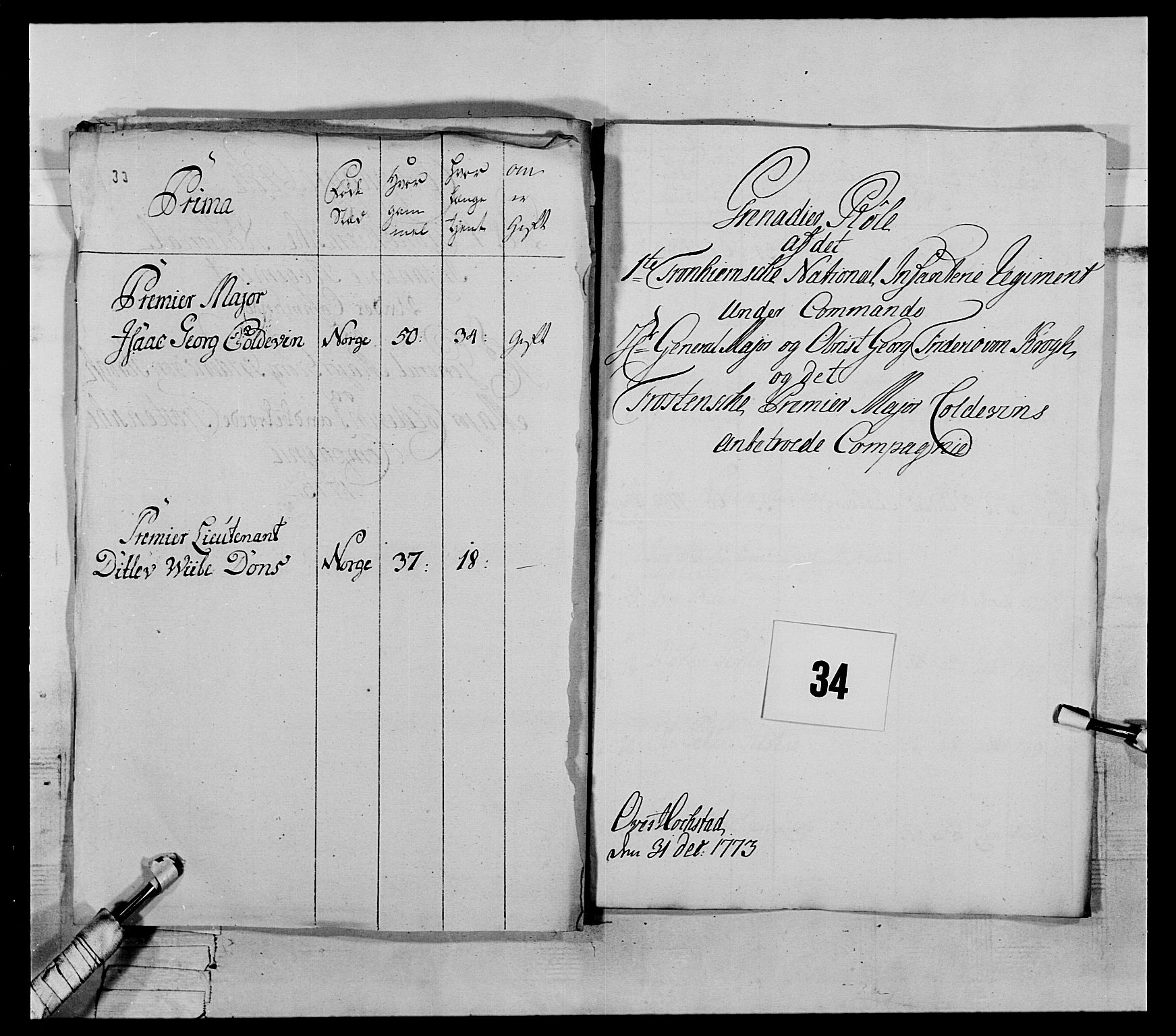 Generalitets- og kommissariatskollegiet, Det kongelige norske kommissariatskollegium, AV/RA-EA-5420/E/Eh/L0072: 1. Trondheimske nasjonale infanteriregiment, 1773, p. 231