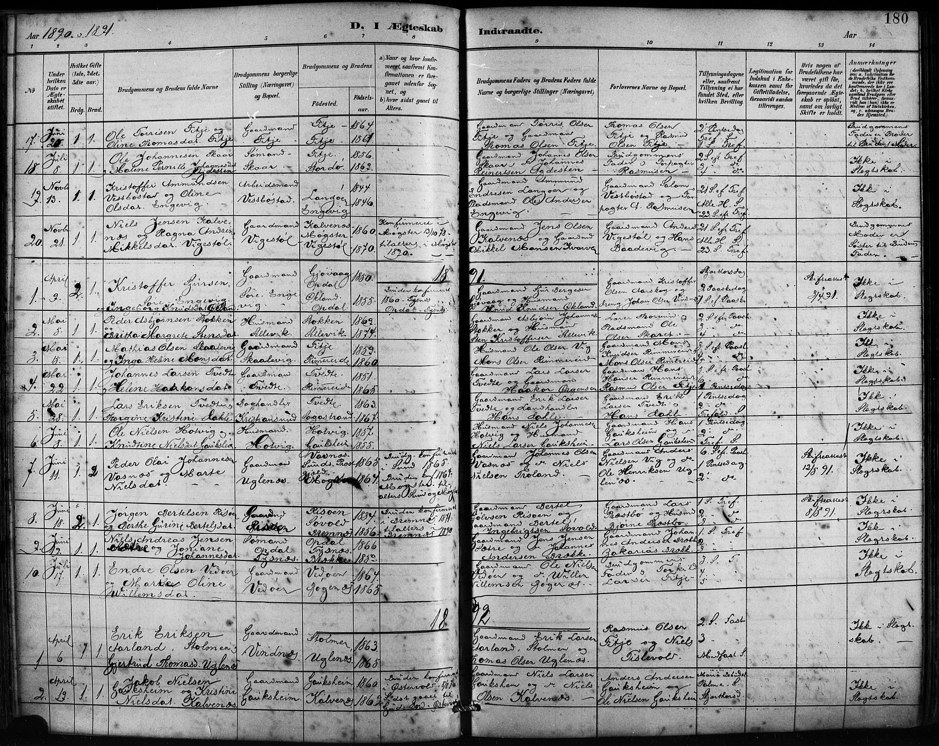 Fitjar sokneprestembete, SAB/A-99926: Parish register (official) no. A 2, 1882-1899, p. 180