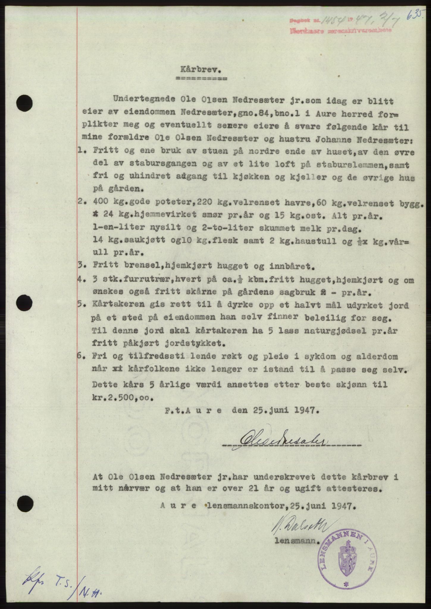 Nordmøre sorenskriveri, AV/SAT-A-4132/1/2/2Ca: Mortgage book no. B96, 1947-1947, Diary no: : 1454/1947