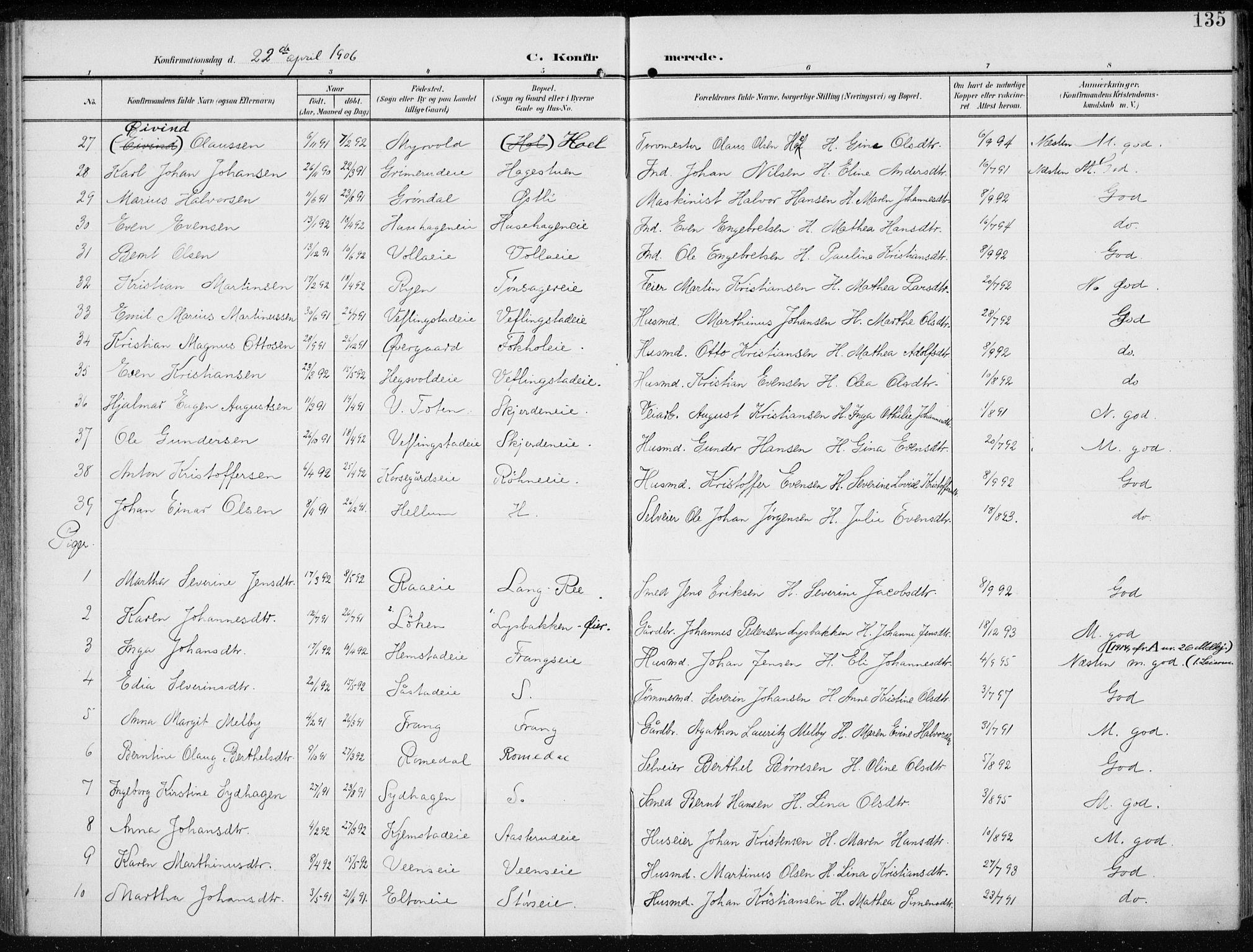 Stange prestekontor, AV/SAH-PREST-002/K/L0024: Parish register (official) no. 24, 1906-1922, p. 135