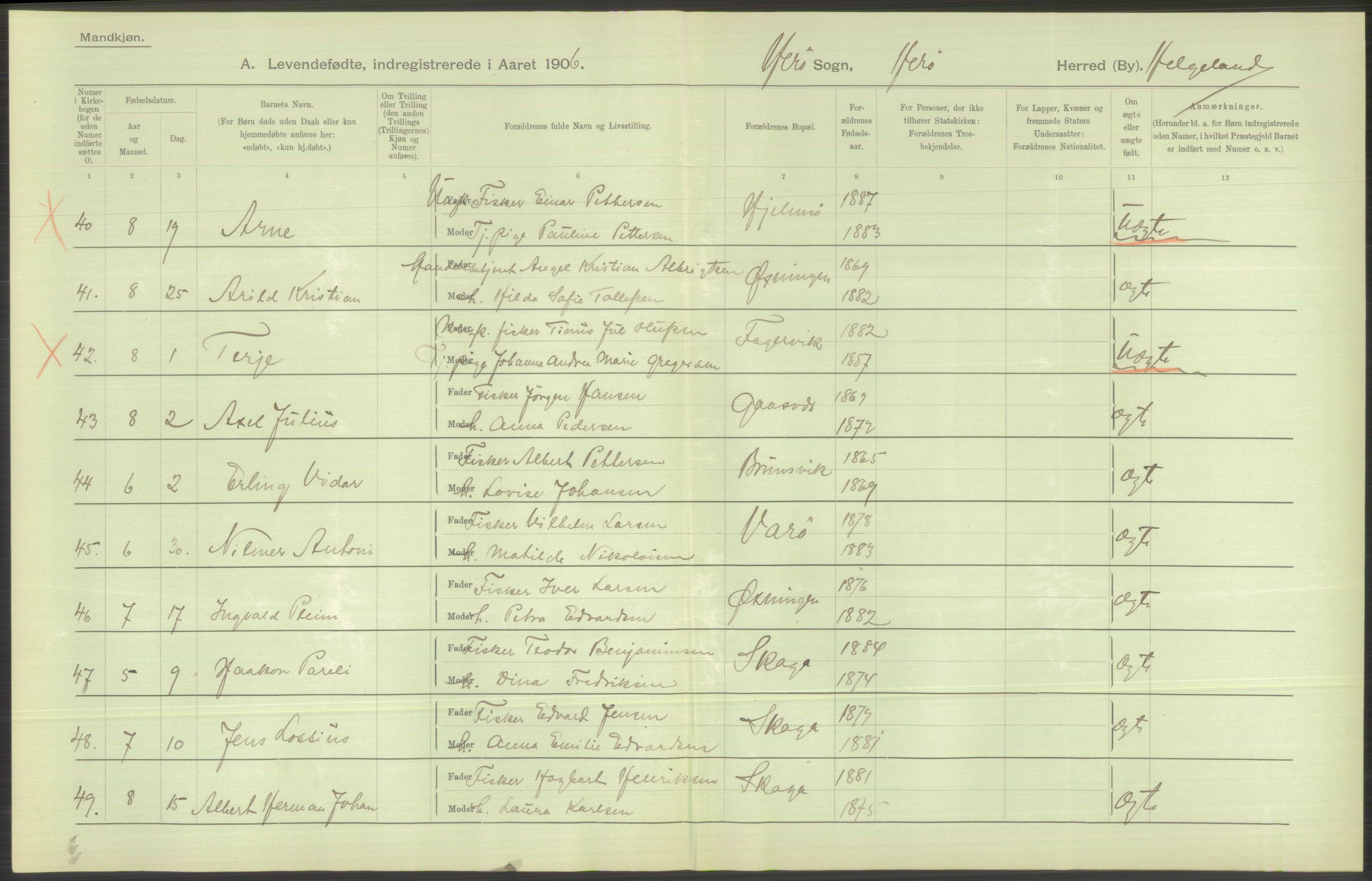 Statistisk sentralbyrå, Sosiodemografiske emner, Befolkning, AV/RA-S-2228/D/Df/Dfa/Dfad/L0043: Nordlands amt: Levendefødte menn og kvinner. Bygder., 1906, p. 96