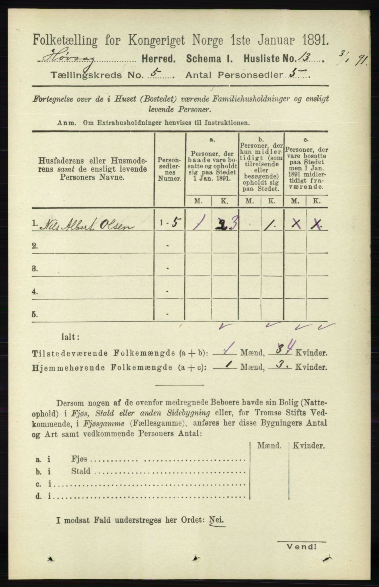 RA, 1891 census for 0927 Høvåg, 1891, p. 1798