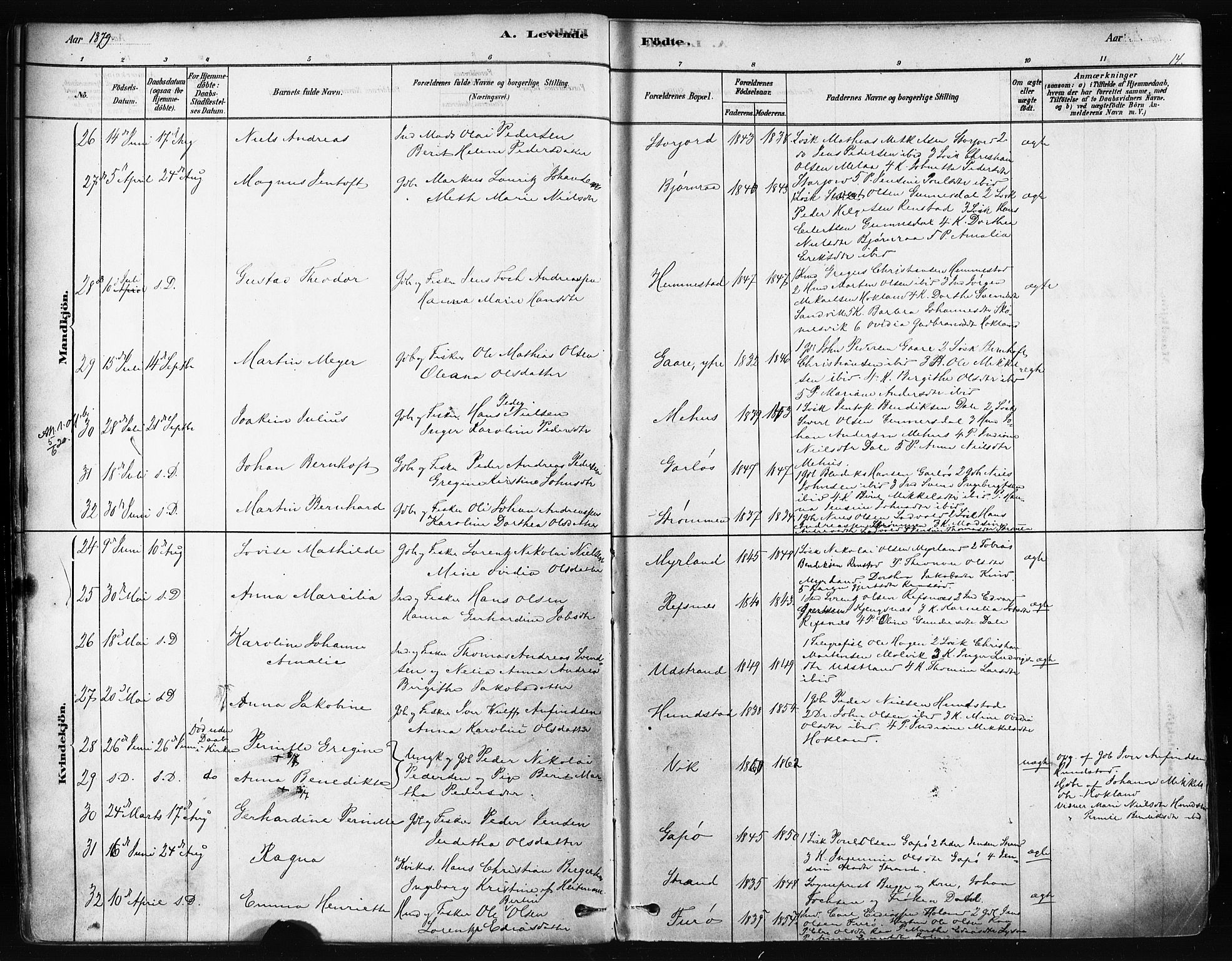 Kvæfjord sokneprestkontor, AV/SATØ-S-1323/G/Ga/Gaa/L0005kirke: Parish register (official) no. 5, 1878-1894, p. 14
