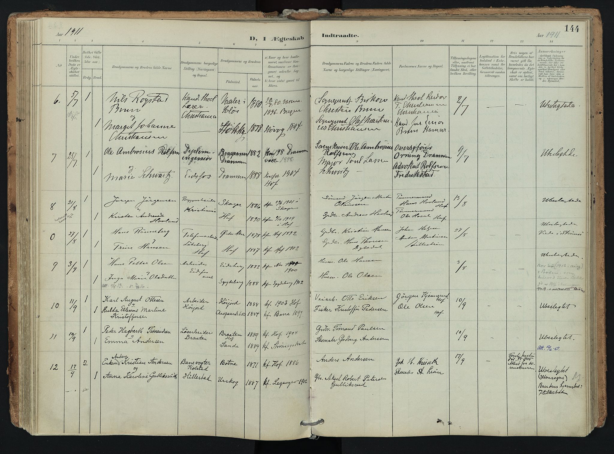 Hof kirkebøker, AV/SAKO-A-64/F/Fa/L0008: Parish register (official) no. I 8, 1902-1921, p. 144