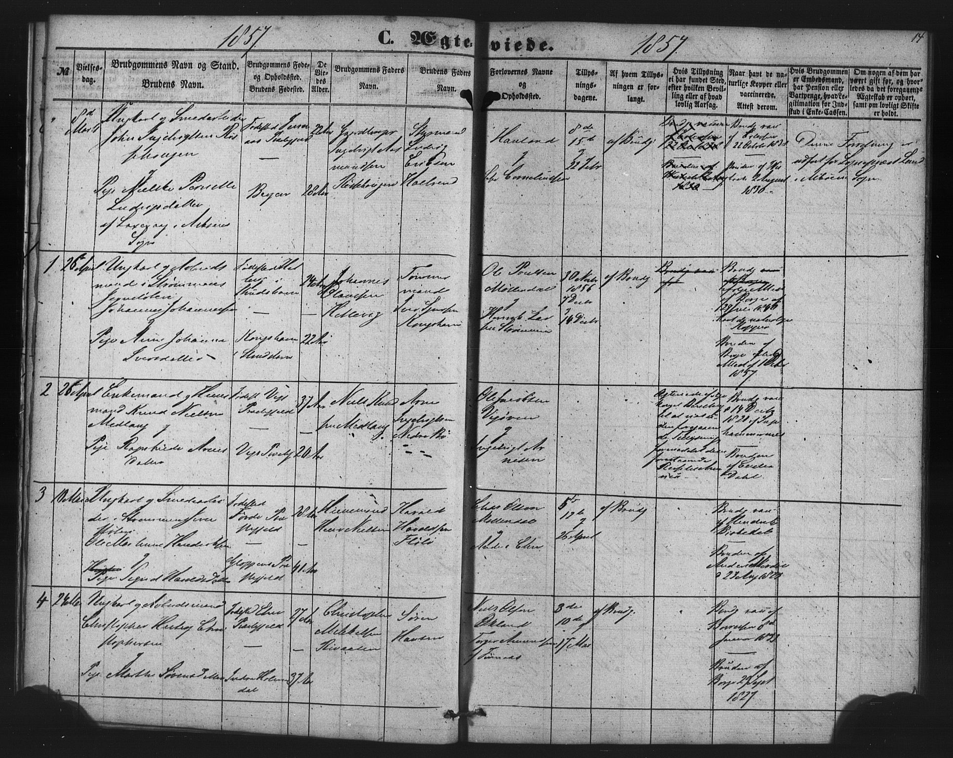 St. Jørgens hospital og Årstad sokneprestembete, AV/SAB-A-99934: Parish register (copy) no. A 7, 1854-1886, p. 14
