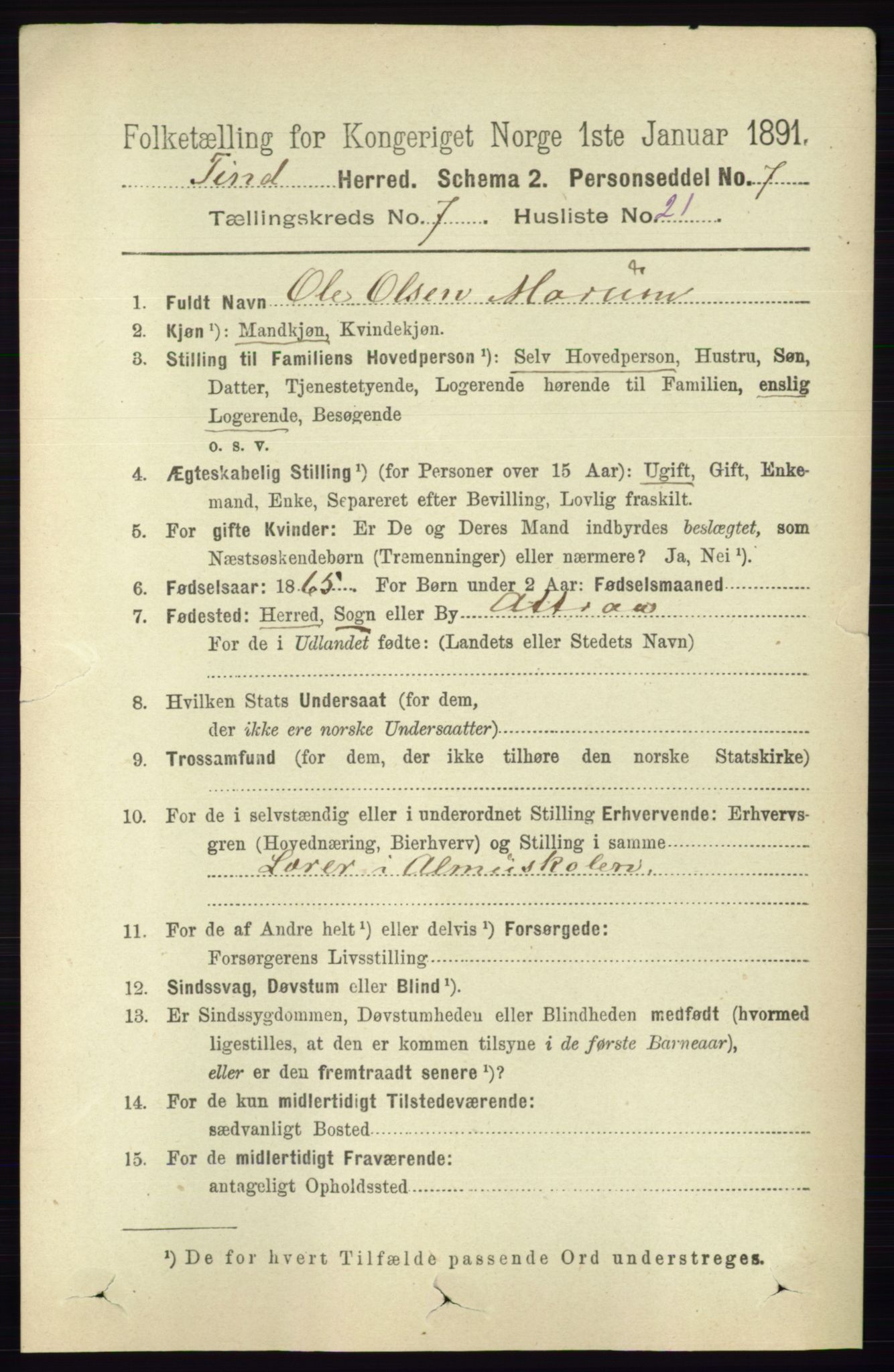 RA, 1891 census for 0826 Tinn, 1891, p. 1540