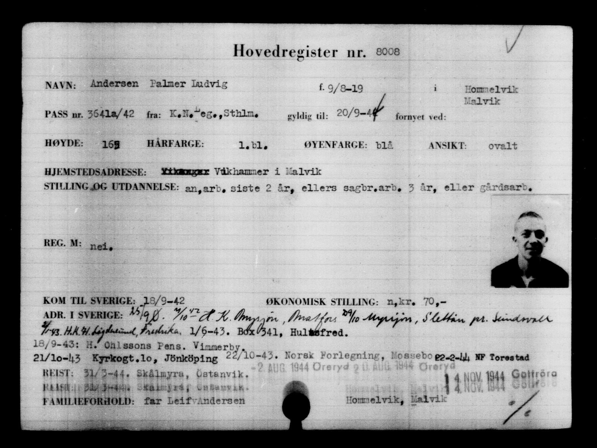 Utenriksstasjonene, Legasjonen i Stockholm, Flyktningkontoret, AV/RA-S-6753/V/Va/L0005: Kjesäterkartoteket, flyktninger med registreringsnr. 6600-9417, 1940-1945, p. 1651