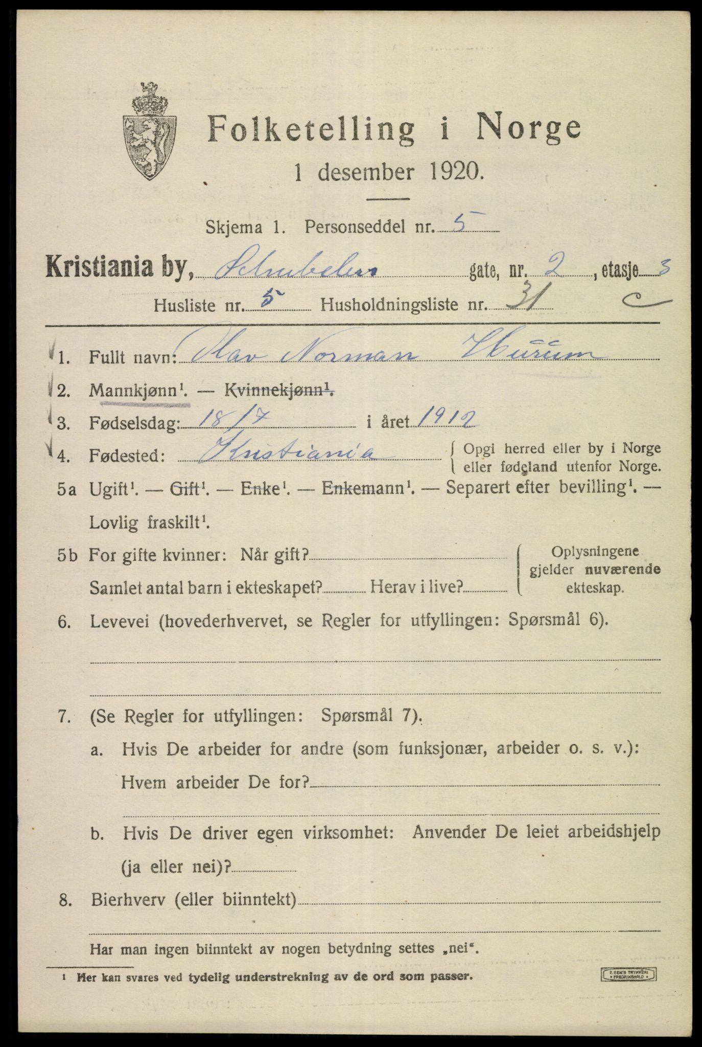 SAO, 1920 census for Kristiania, 1920, p. 505187