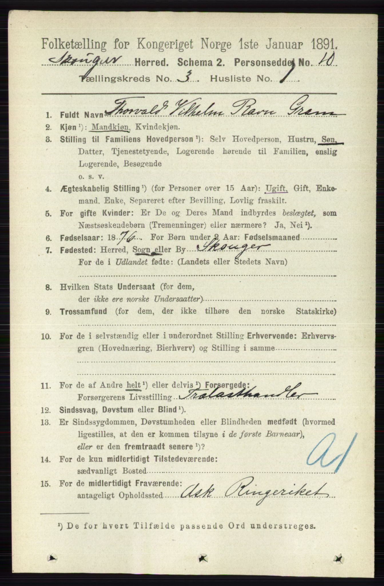 RA, 1891 census for 0712 Skoger, 1891, p. 1568