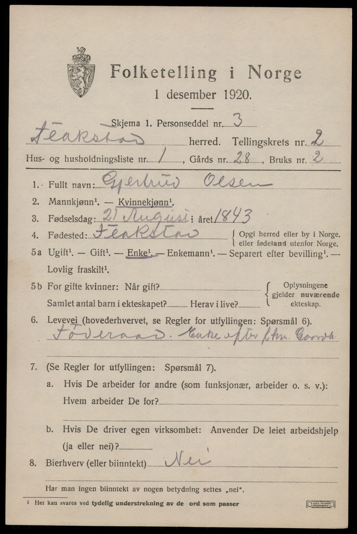 SAT, 1920 census for Flakstad, 1920, p. 1221