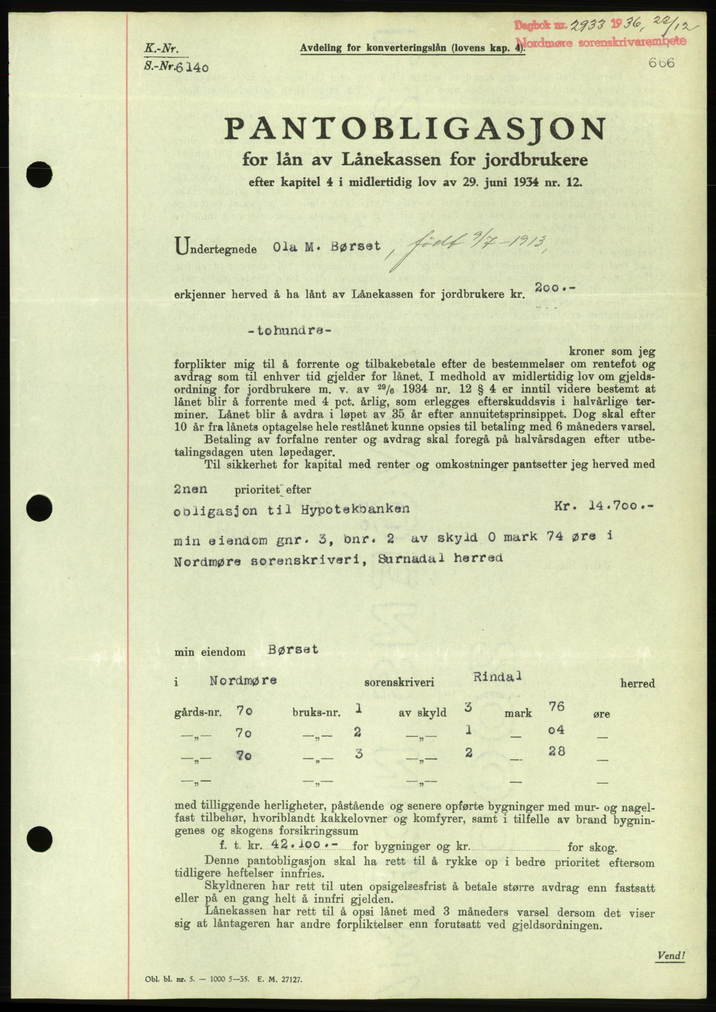 Nordmøre sorenskriveri, AV/SAT-A-4132/1/2/2Ca/L0090: Mortgage book no. B80, 1936-1937, Diary no: : 2933/1936