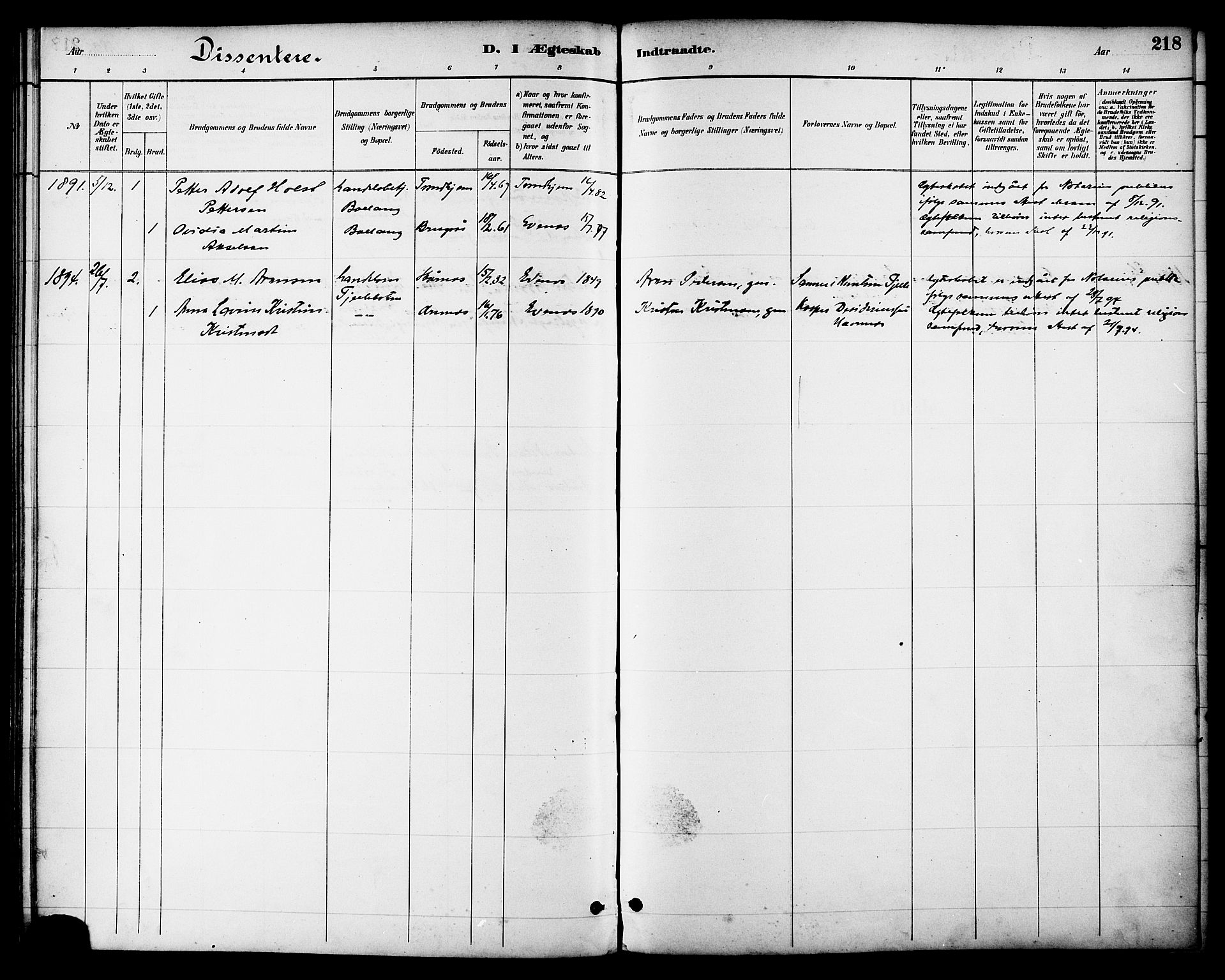 Ministerialprotokoller, klokkerbøker og fødselsregistre - Nordland, SAT/A-1459/863/L0898: Parish register (official) no. 863A10, 1886-1897, p. 218