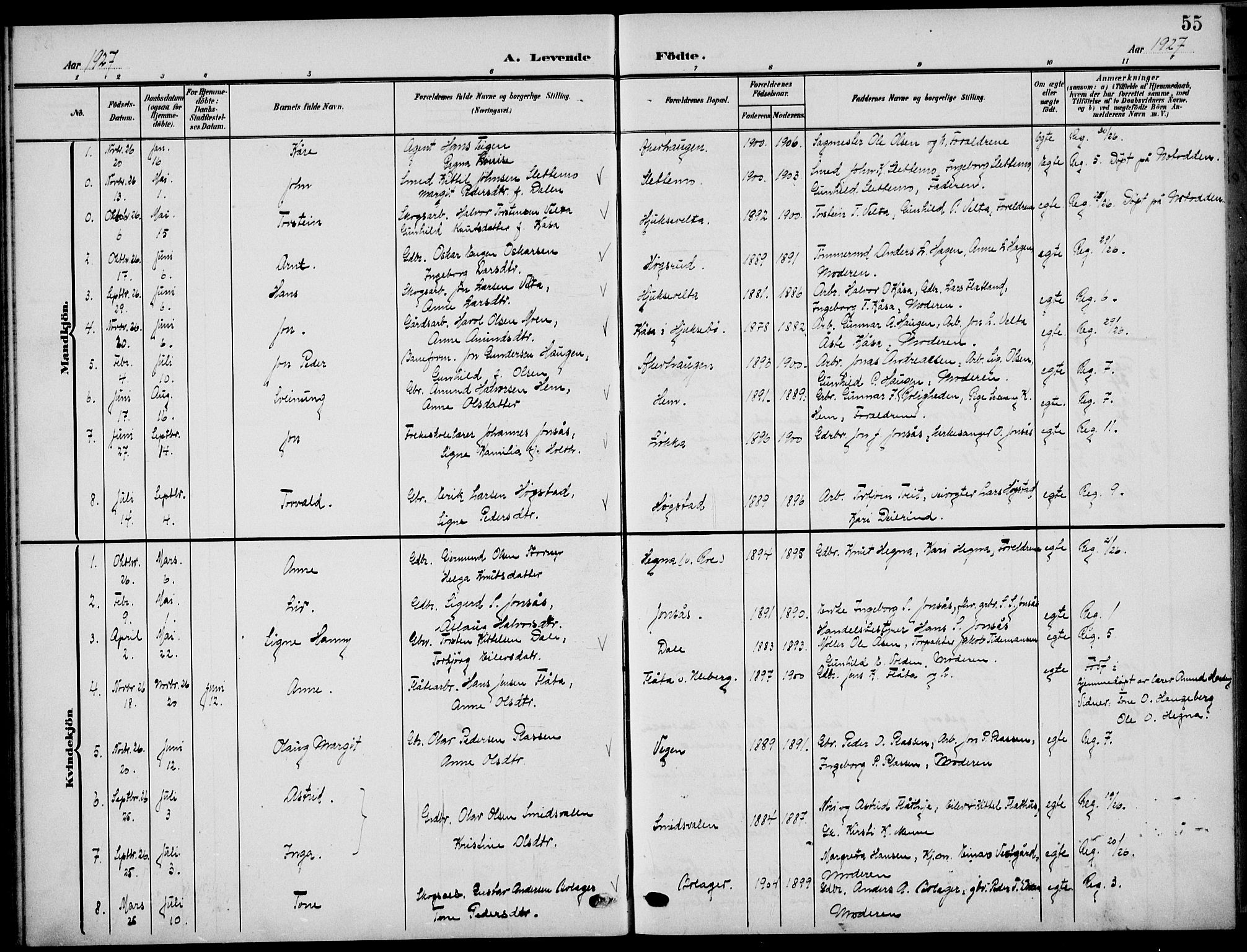 Sauherad kirkebøker, SAKO/A-298/G/Ga/L0004a: Parish register (copy) no. I 4a, 1906-1934, p. 55