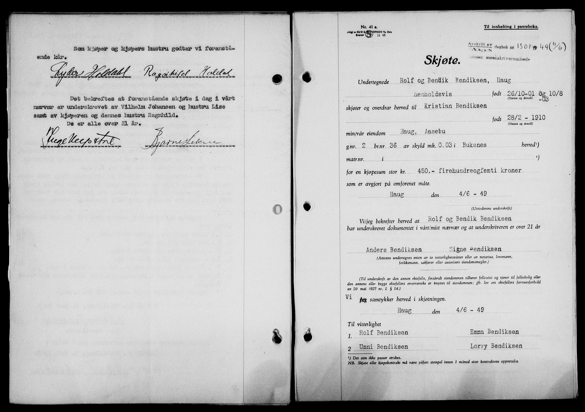Lofoten sorenskriveri, SAT/A-0017/1/2/2C/L0021a: Mortgage book no. 21a, 1949-1949, Diary no: : 1301/1949