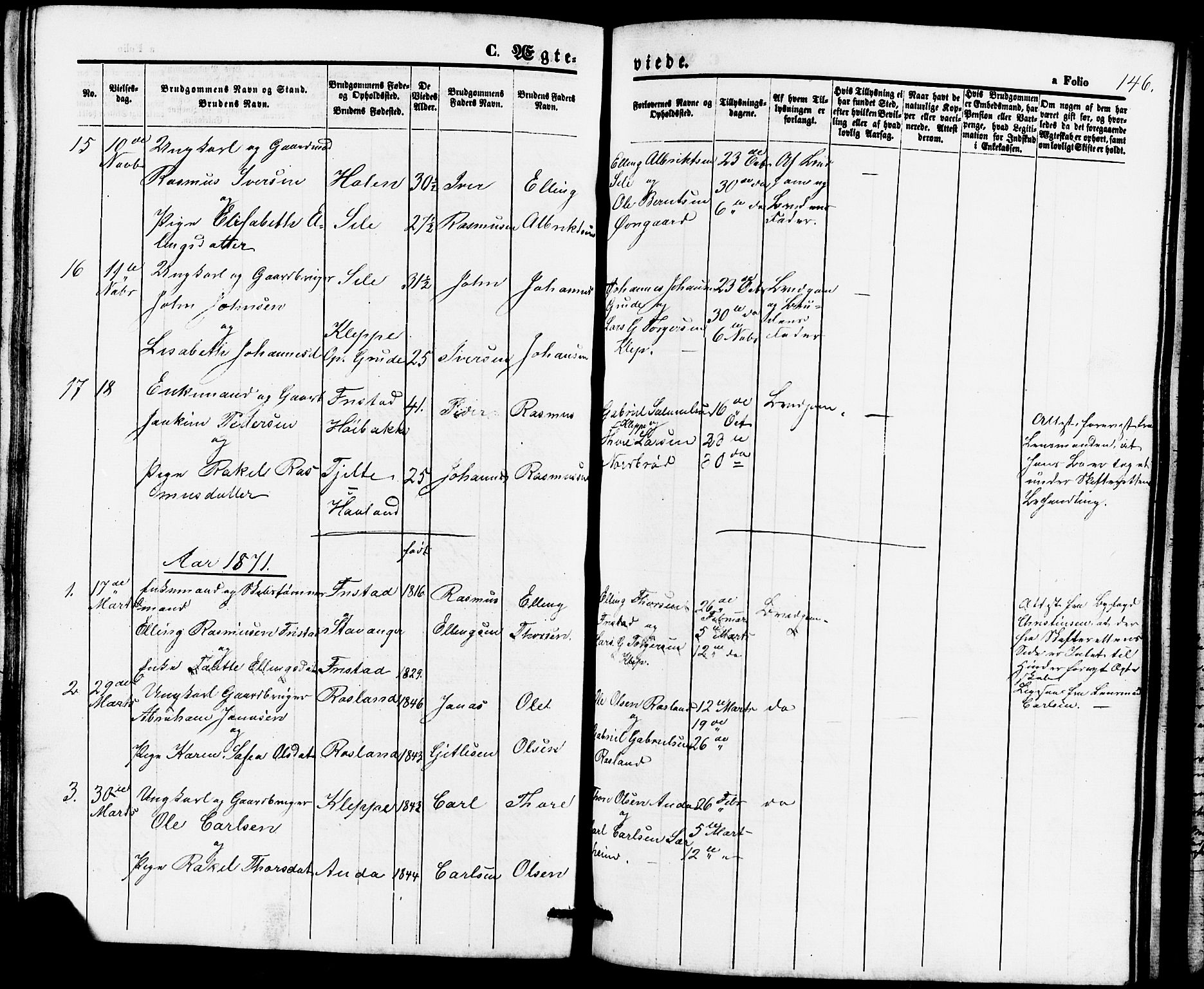 Klepp sokneprestkontor, SAST/A-101803/001/3/30BB/L0002: Parish register (copy) no. B 2, 1860-1875, p. 146