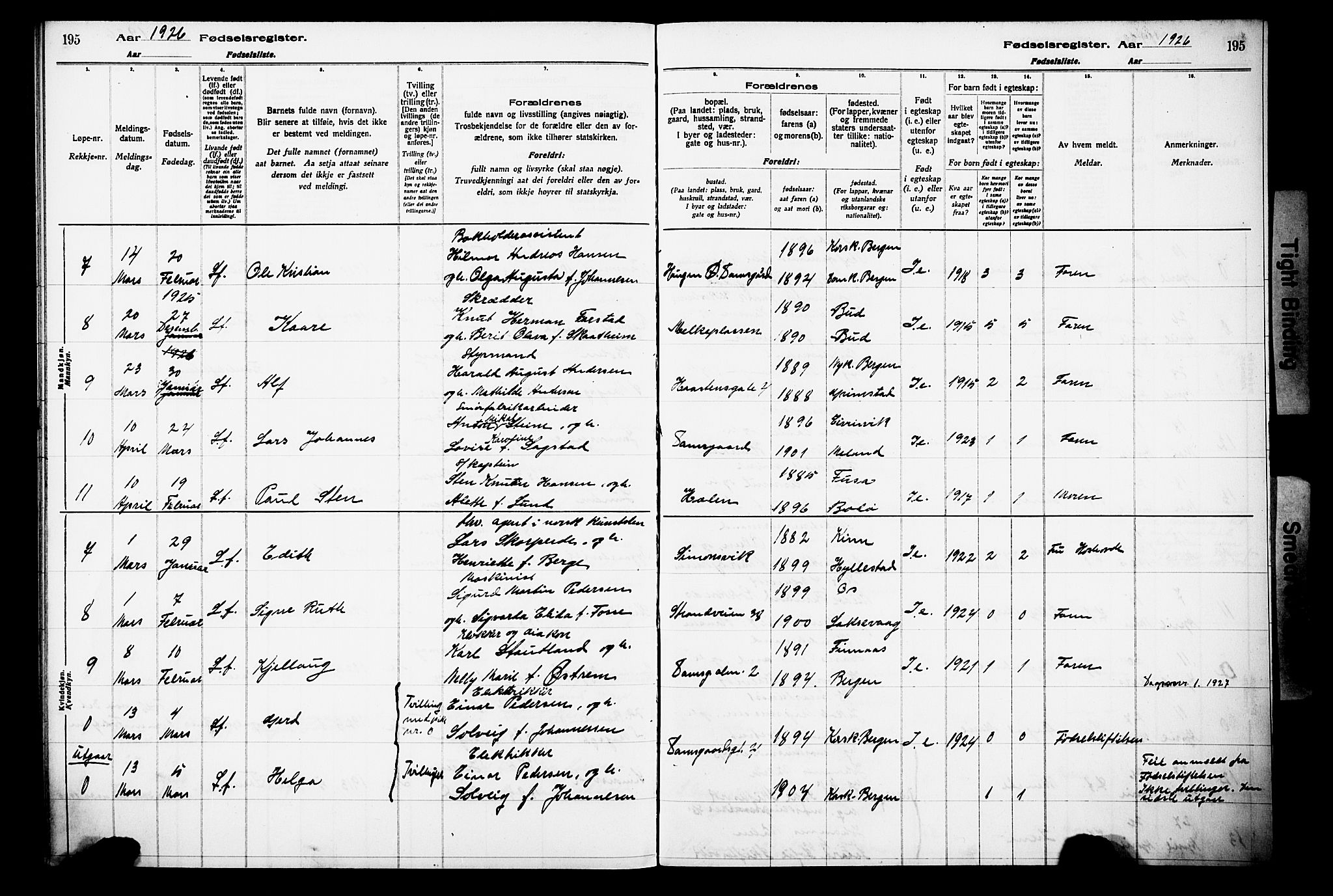 Laksevåg Sokneprestembete, AV/SAB-A-76501/I/Id/L00A1: Birth register no. A 1, 1916-1926, p. 195