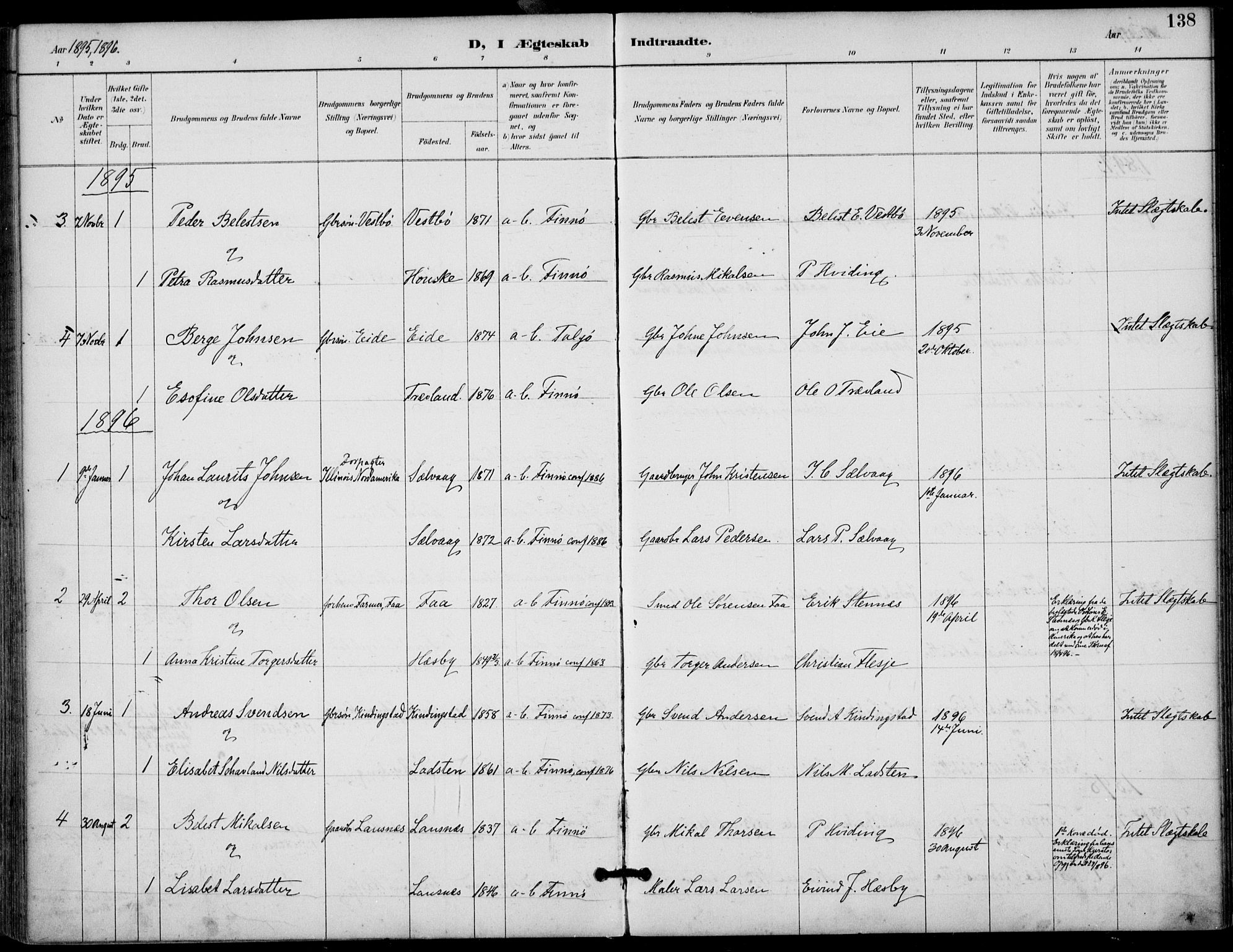 Finnøy sokneprestkontor, SAST/A-101825/H/Ha/Haa/L0011: Parish register (official) no. A 11, 1891-1910, p. 138