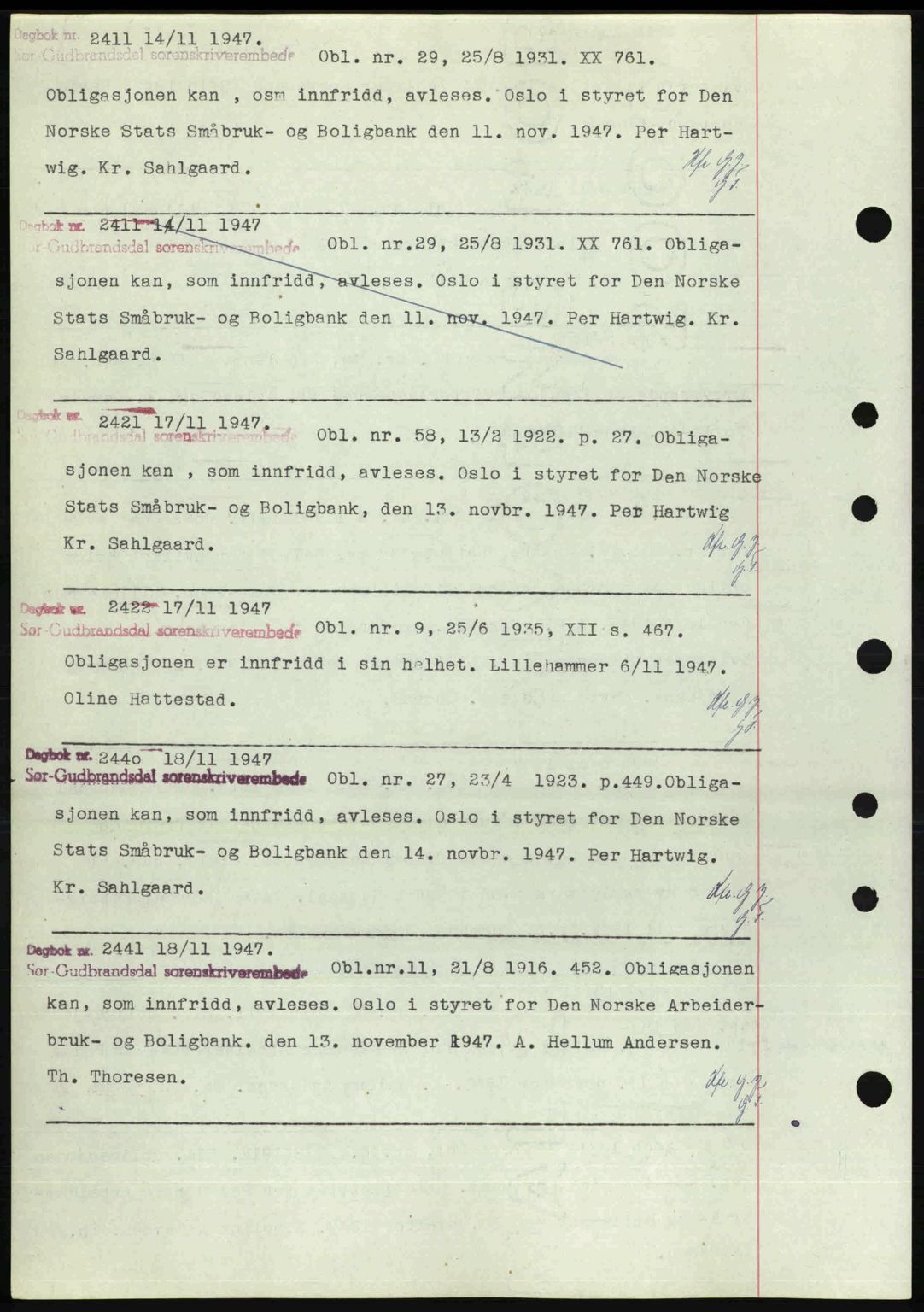 Sør-Gudbrandsdal tingrett, SAH/TING-004/H/Hb/Hbf/L0002: Mortgage book no. C1, 1938-1951, Diary no: : 2411/1947
