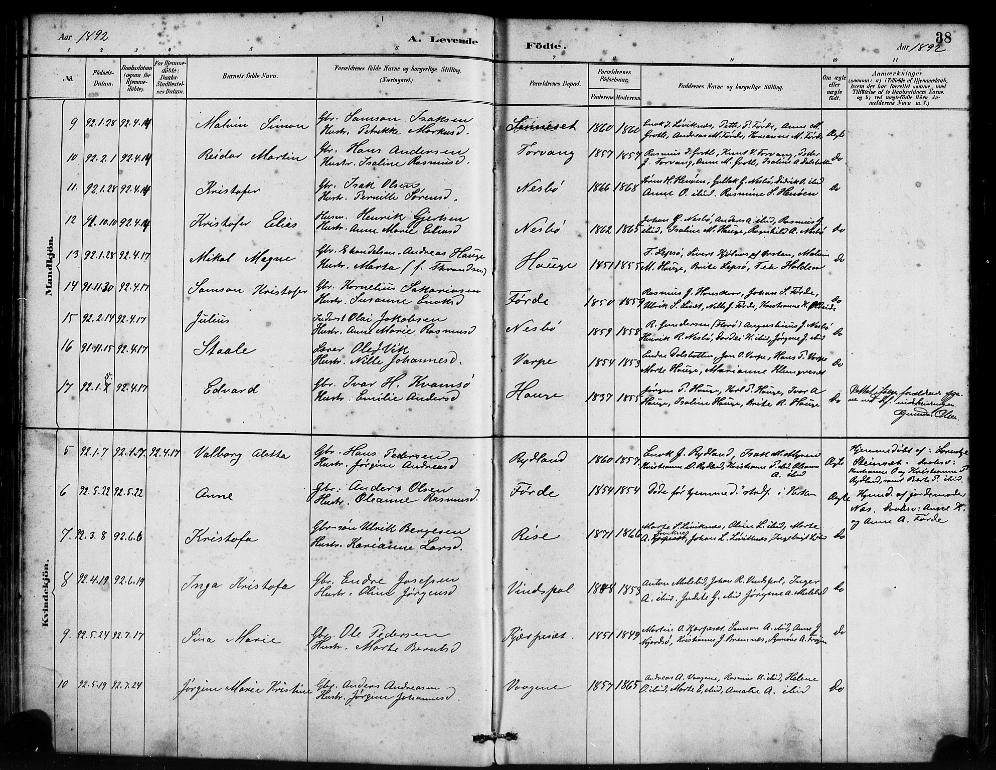 Bremanger sokneprestembete, AV/SAB-A-82201/H/Haa/Haab/L0001: Parish register (official) no. B 1, 1884-1895, p. 38