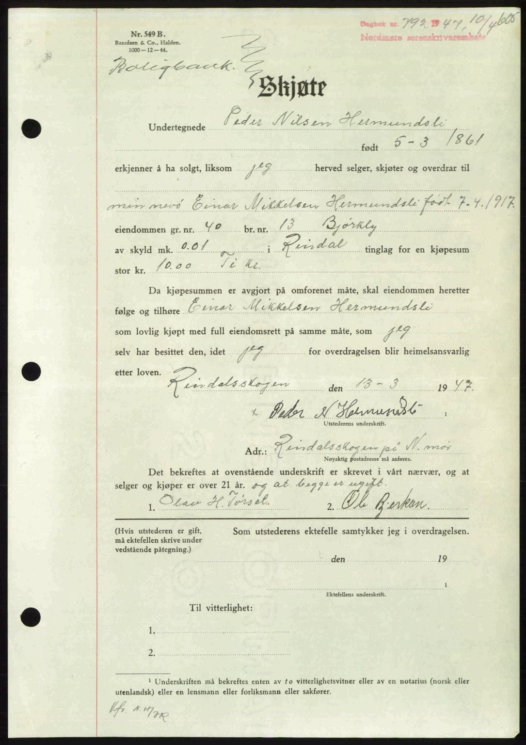 Nordmøre sorenskriveri, AV/SAT-A-4132/1/2/2Ca: Mortgage book no. A104, 1947-1947, Diary no: : 792/1947