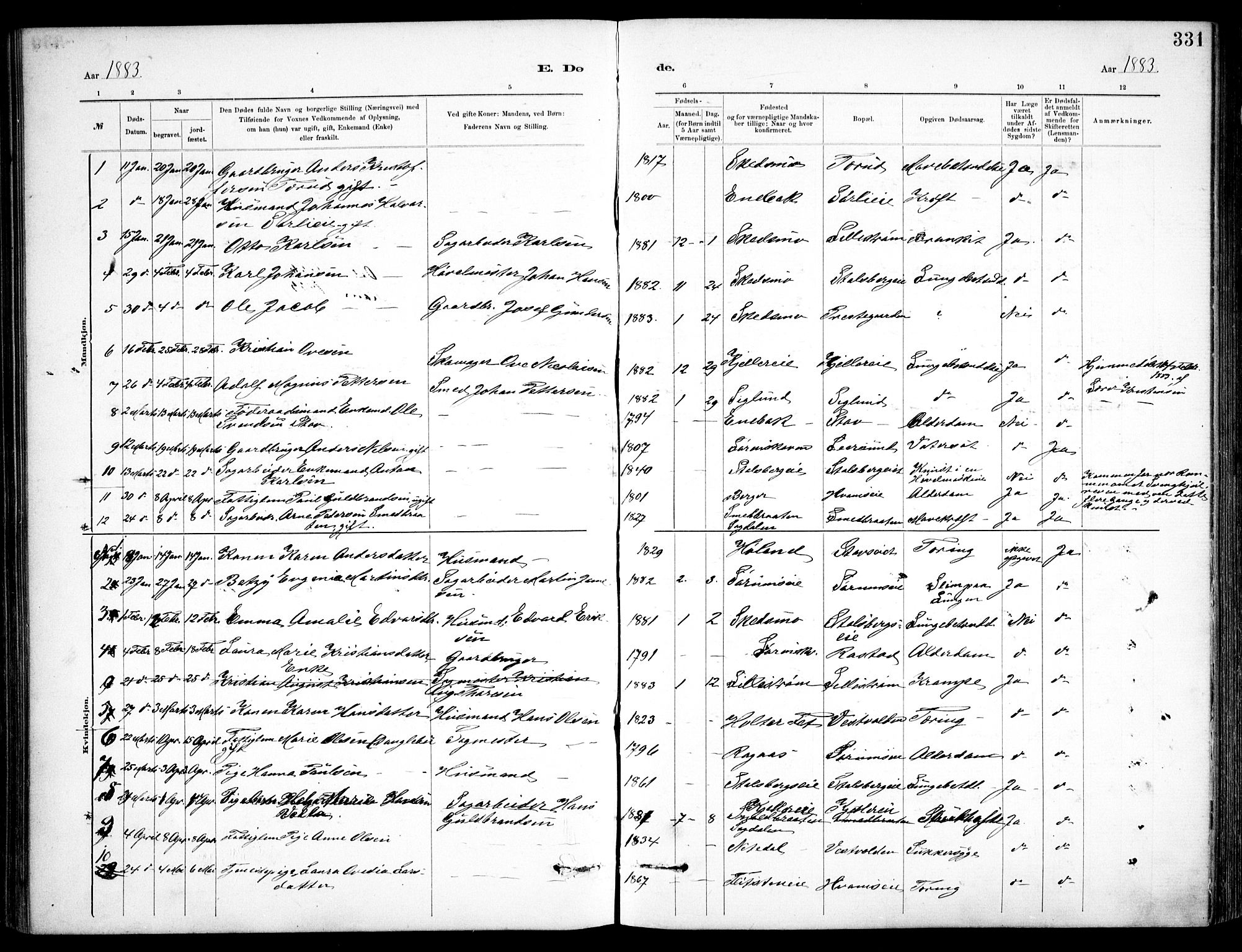 Skedsmo prestekontor Kirkebøker, AV/SAO-A-10033a/F/Fa/L0013: Parish register (official) no. I 13, 1883-1891, p. 331