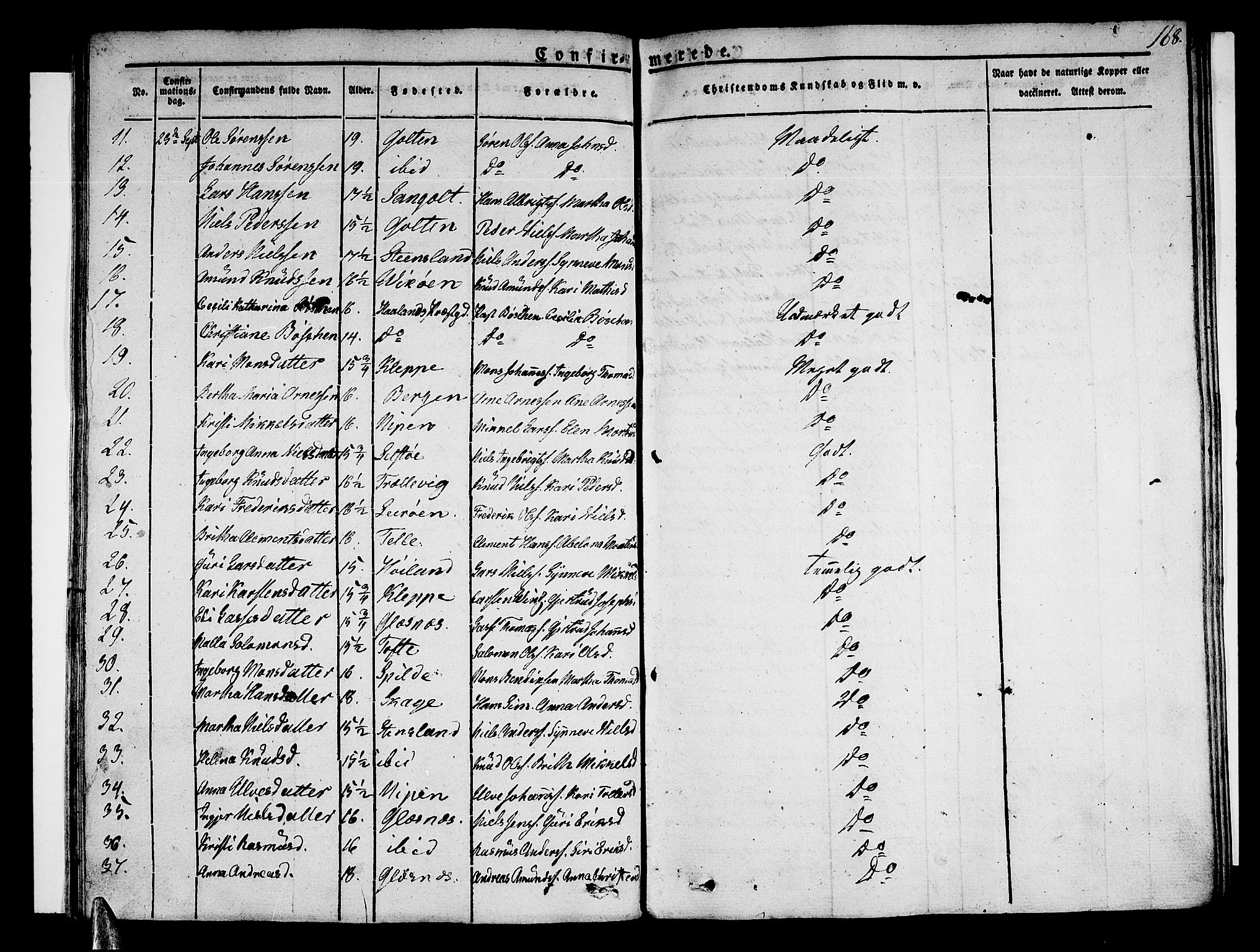 Sund sokneprestembete, AV/SAB-A-99930: Parish register (official) no. A 12, 1825-1835, p. 168