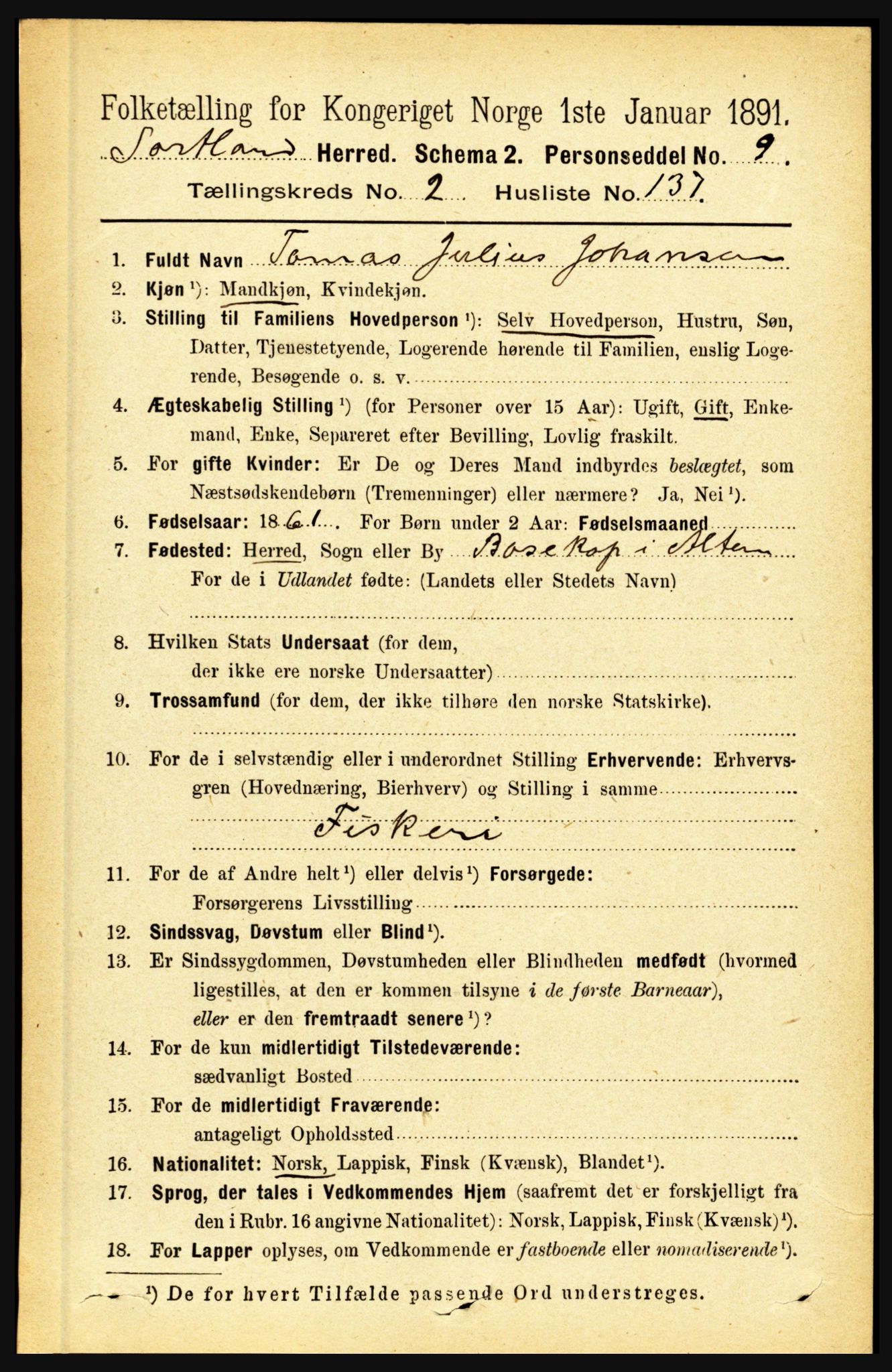 RA, 1891 census for 1870 Sortland, 1891, p. 2041