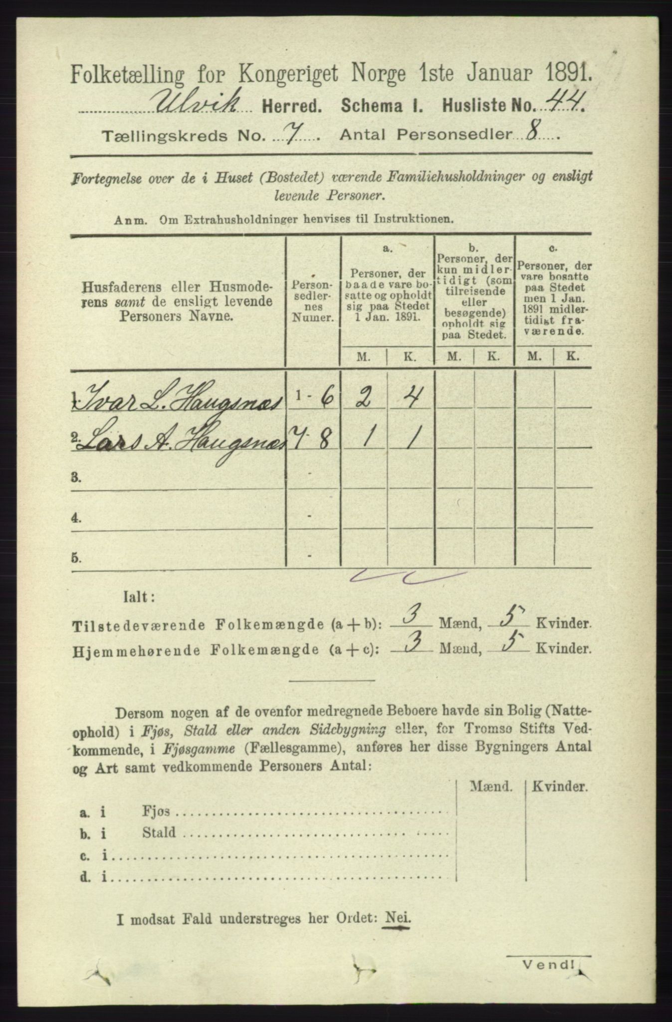 RA, 1891 census for 1233 Ulvik, 1891, p. 2268