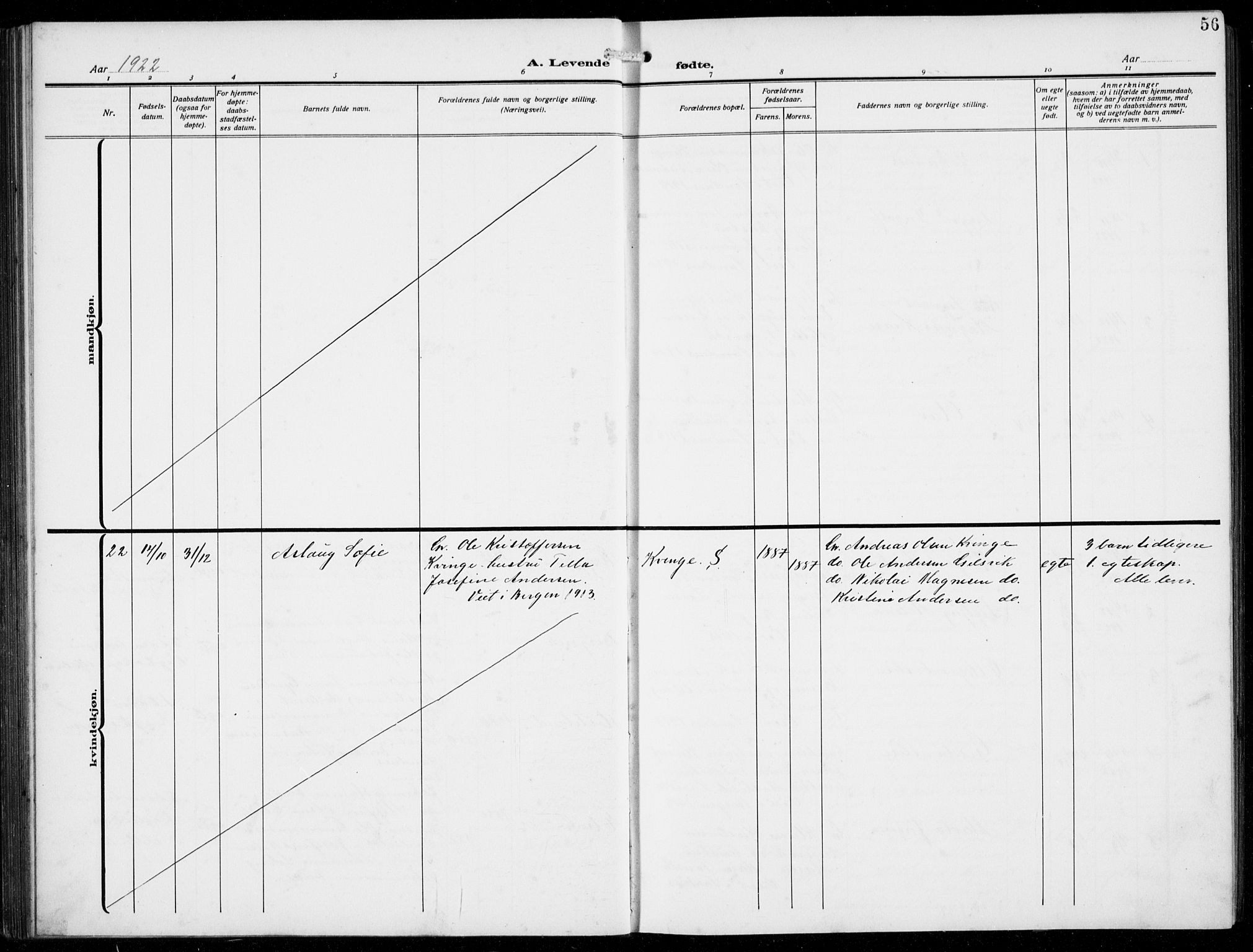 Masfjorden Sokneprestembete, AV/SAB-A-77001: Parish register (copy) no. B  2, 1912-1939, p. 56