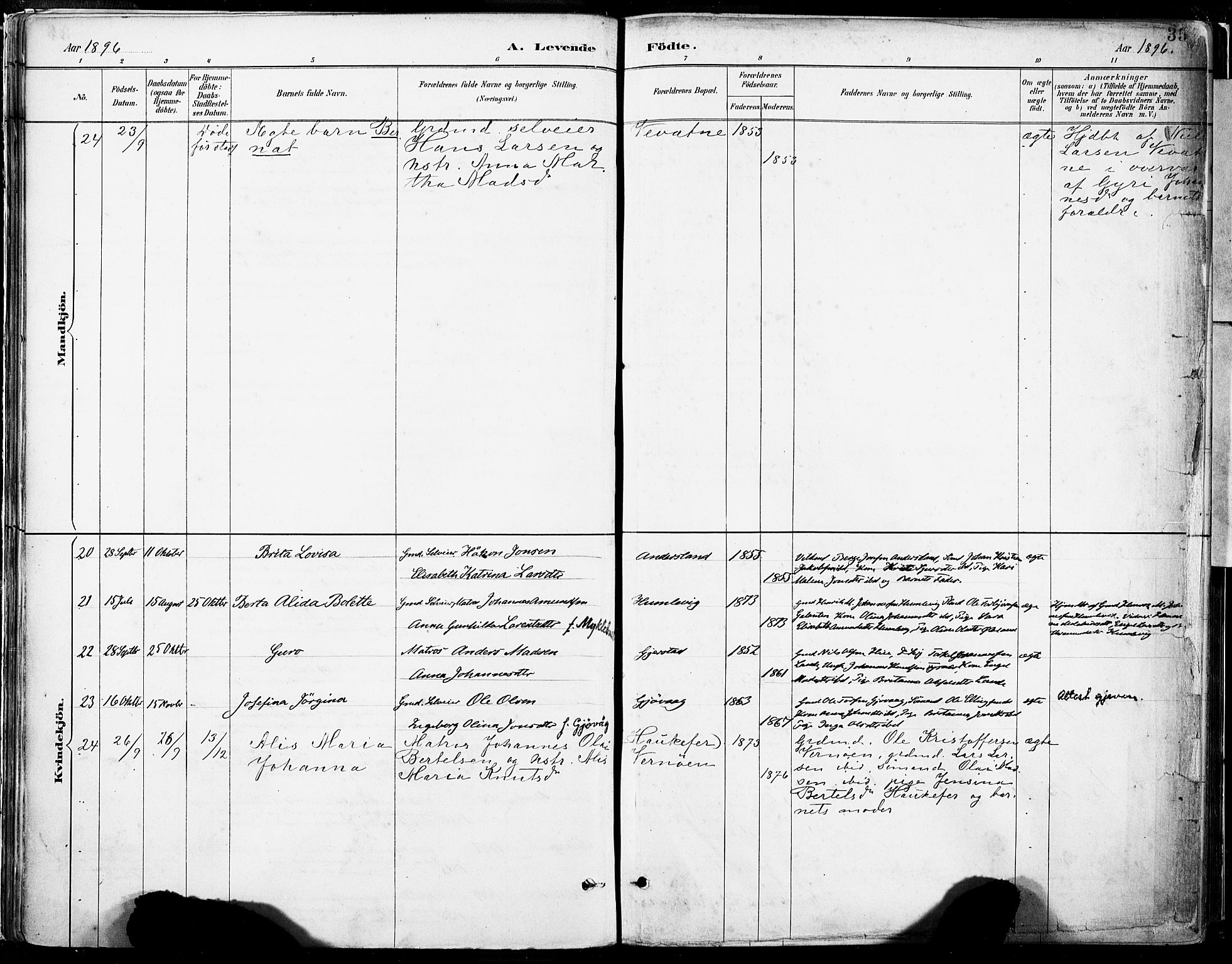 Tysnes sokneprestembete, AV/SAB-A-78601/H/Haa: Parish register (official) no. B 1, 1887-1906, p. 35