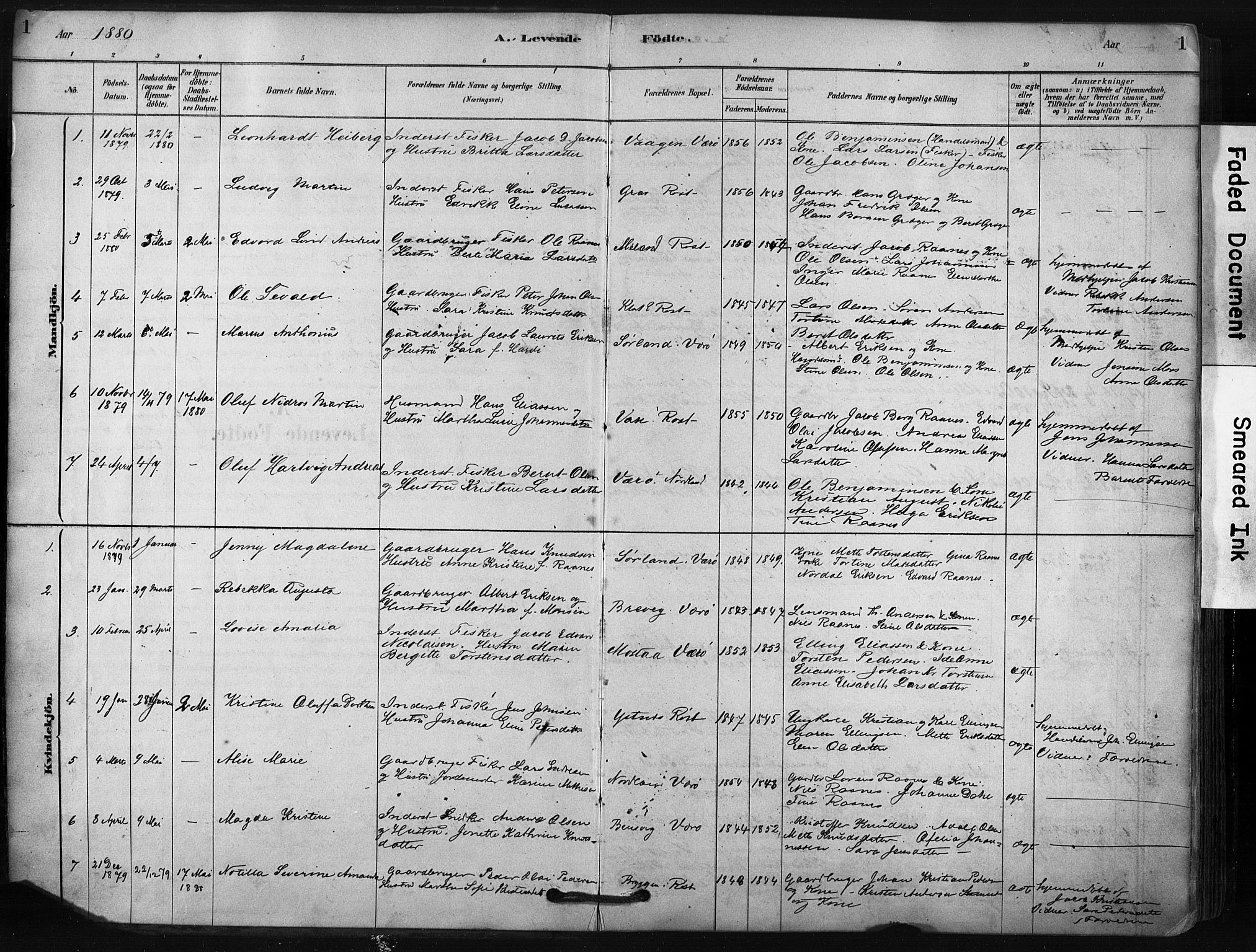 Ministerialprotokoller, klokkerbøker og fødselsregistre - Nordland, AV/SAT-A-1459/807/L0122: Parish register (official) no. 807A05, 1880-1902, p. 1