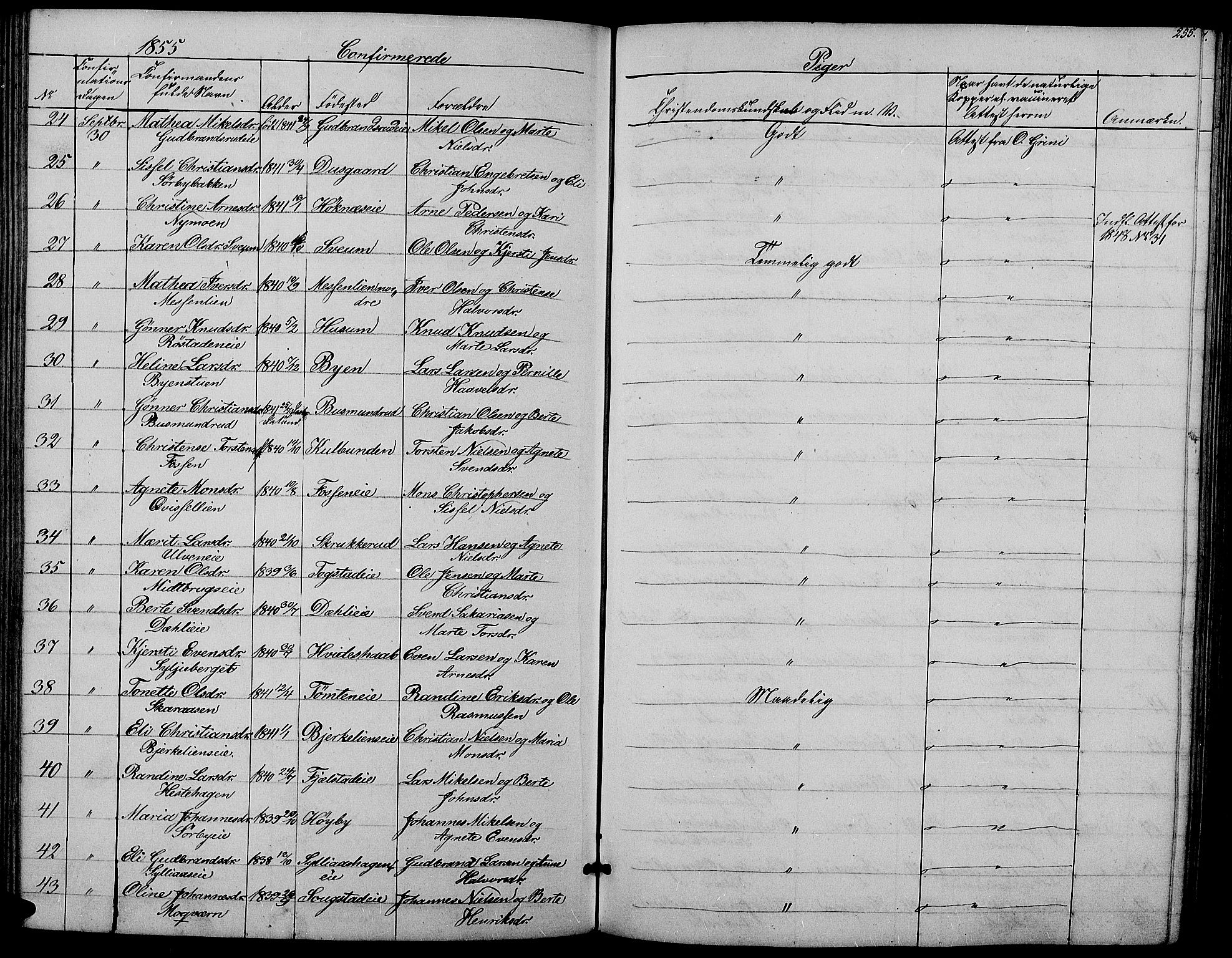 Ringsaker prestekontor, AV/SAH-PREST-014/L/La/L0006: Parish register (copy) no. 6, 1851-1860, p. 255