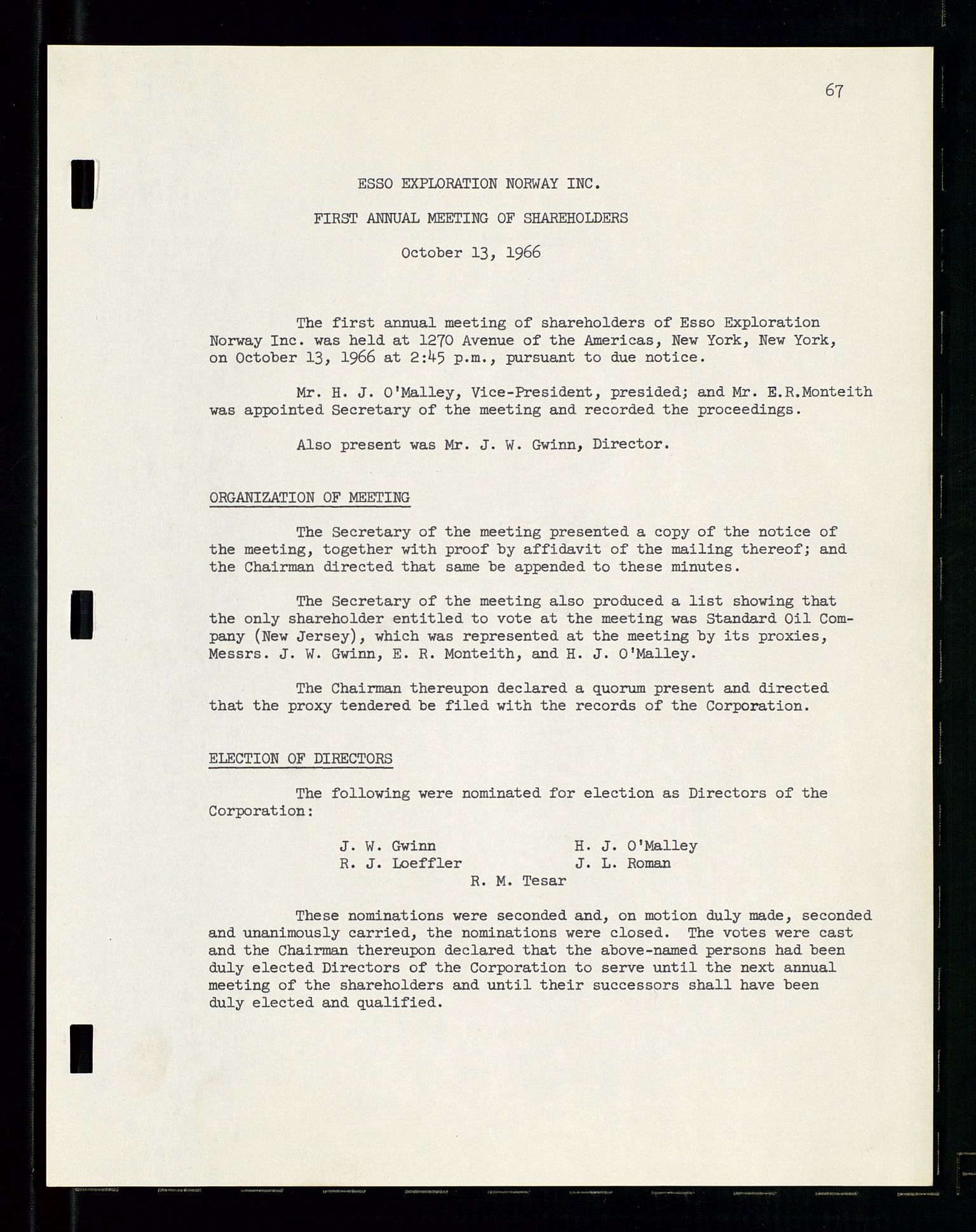 Pa 1512 - Esso Exploration and Production Norway Inc., SAST/A-101917/A/Aa/L0001/0001: Styredokumenter / Corporate records, By-Laws, Board meeting minutes, Incorporations, 1965-1975, p. 67