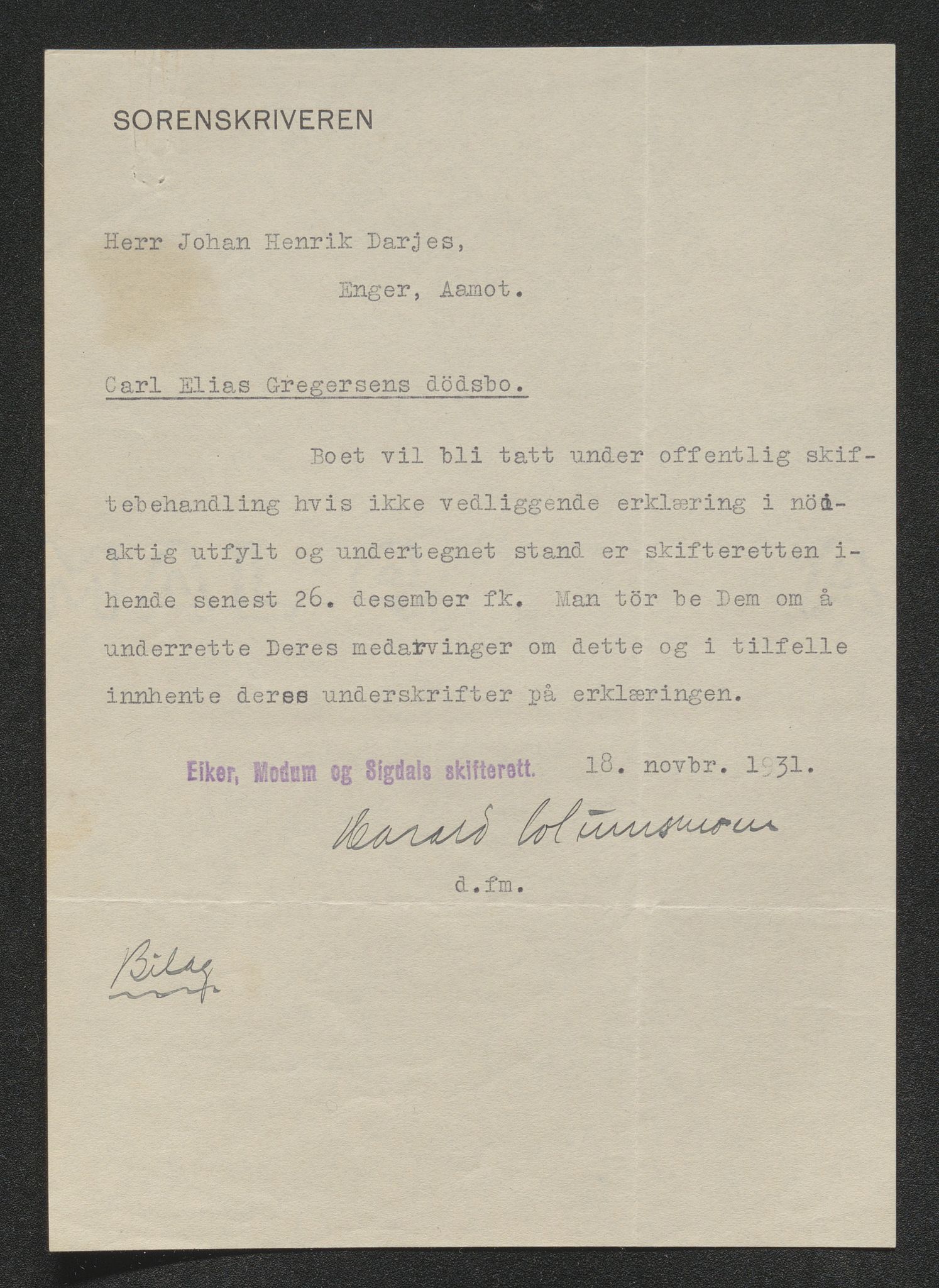 Eiker, Modum og Sigdal sorenskriveri, SAKO/A-123/H/Ha/Hab/L0046: Dødsfallsmeldinger, 1930-1931, p. 1150