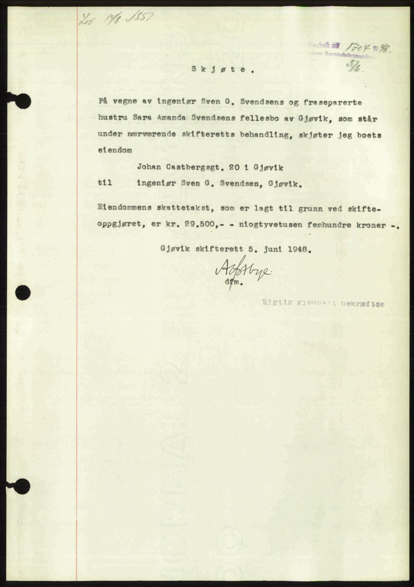 Toten tingrett, SAH/TING-006/H/Hb/Hbc/L0020: Mortgage book no. Hbc-20, 1948-1948, Diary no: : 1704/1948