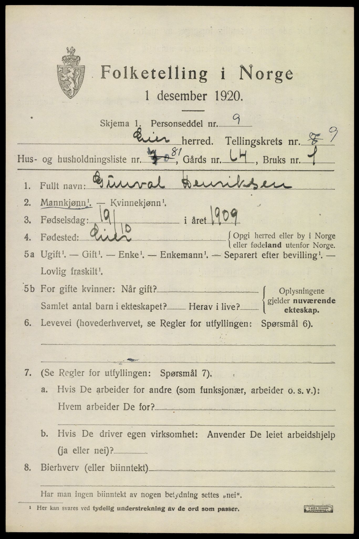 SAKO, 1920 census for Lier, 1920, p. 16144