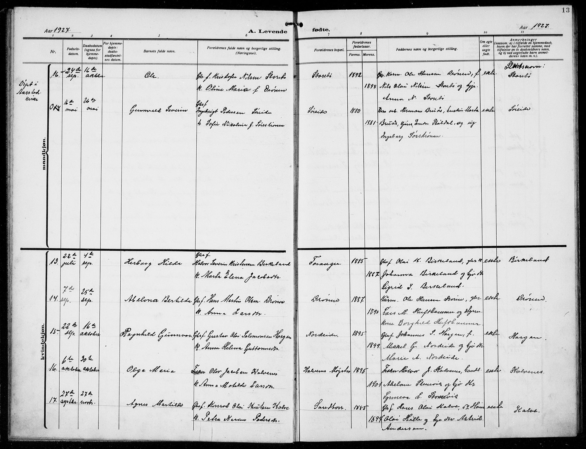 Austevoll Sokneprestembete, SAB/A-74201/H/Hab: Parish register (copy) no. A  6, 1925-1938, p. 13
