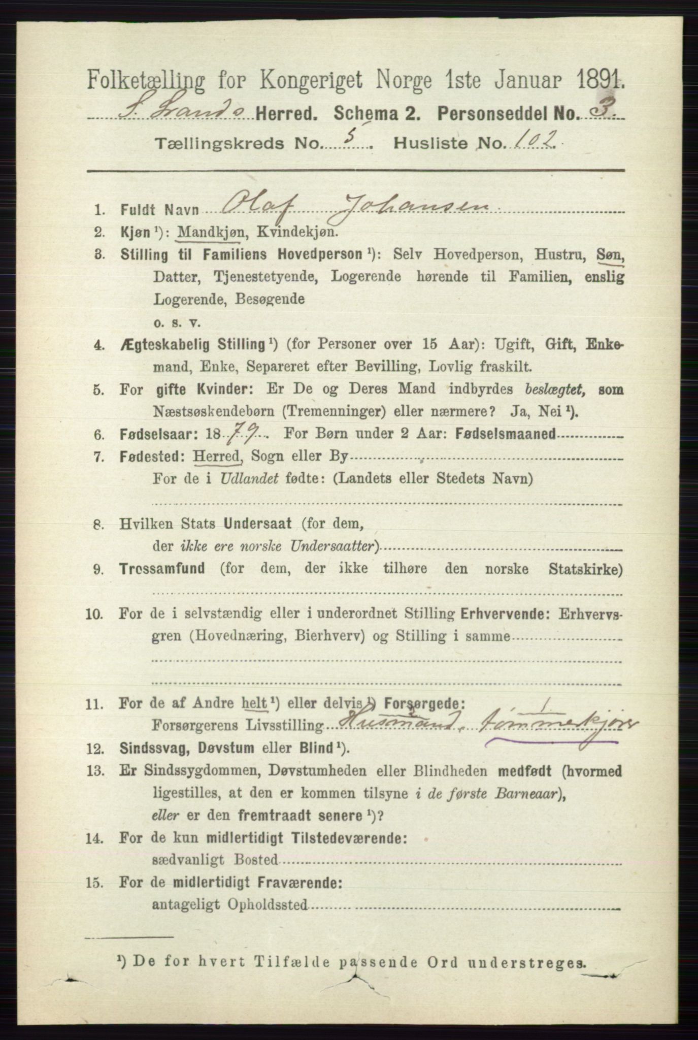 RA, 1891 census for 0536 Søndre Land, 1891, p. 5492