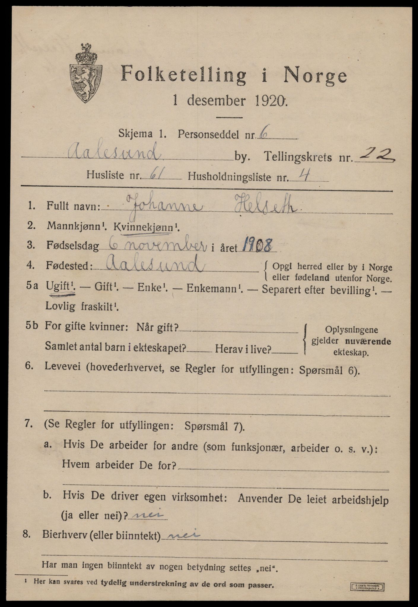 SAT, 1920 census for Ålesund, 1920, p. 42012