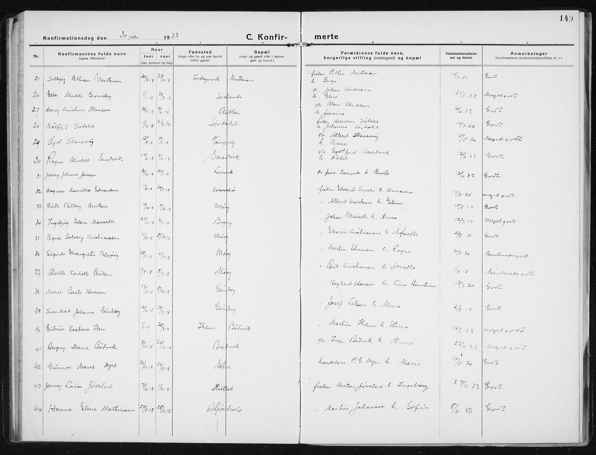 Ministerialprotokoller, klokkerbøker og fødselsregistre - Sør-Trøndelag, AV/SAT-A-1456/640/L0589: Parish register (copy) no. 640C06, 1922-1934, p. 149