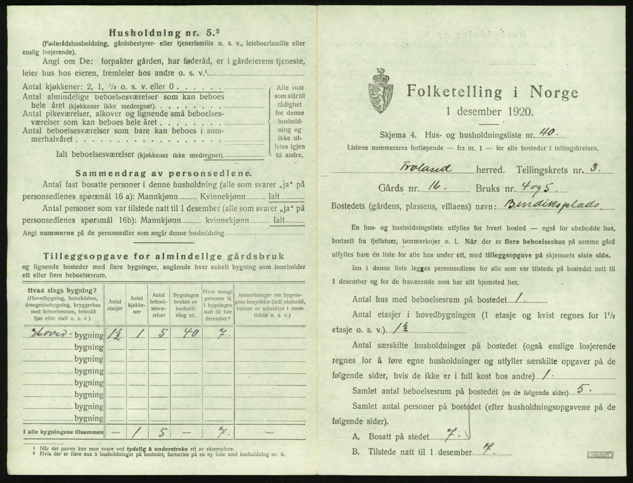 SAK, 1920 census for Froland, 1920, p. 417