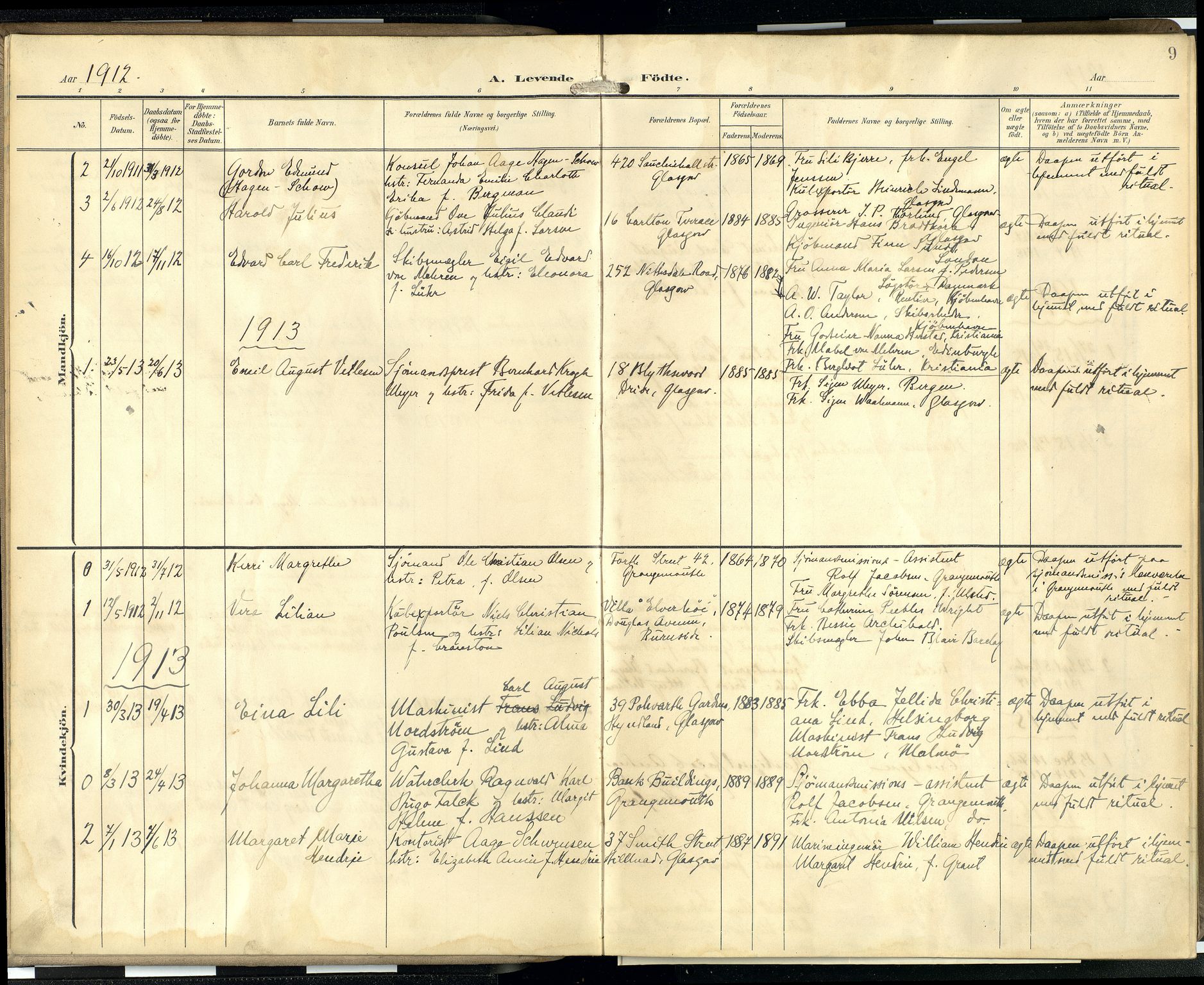 Den norske sjømannsmisjon i utlandet/Skotske havner (Leith, Glasgow), SAB/SAB/PA-0100/H/Ha/Hab/L0001: Parish register (official) no. A 1, 1902-1931, p. 8b-9a