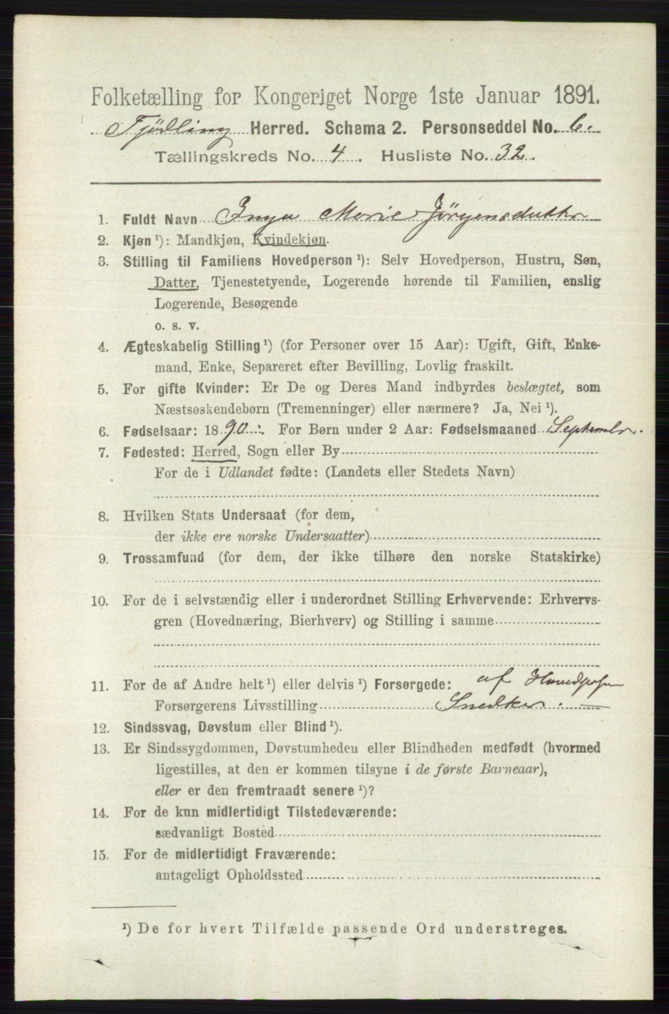 RA, 1891 census for 0725 Tjølling, 1891, p. 1632