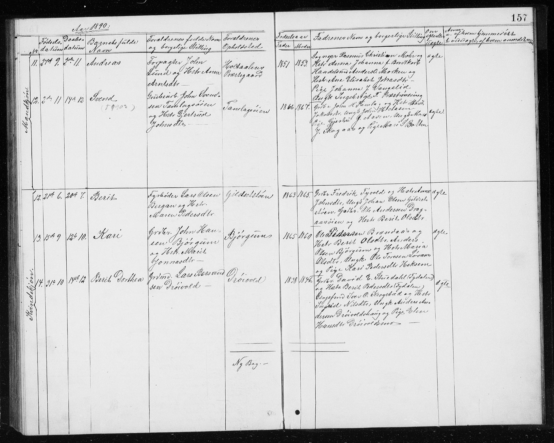 Ministerialprotokoller, klokkerbøker og fødselsregistre - Sør-Trøndelag, AV/SAT-A-1456/685/L0977: Parish register (copy) no. 685C02, 1879-1890, p. 157