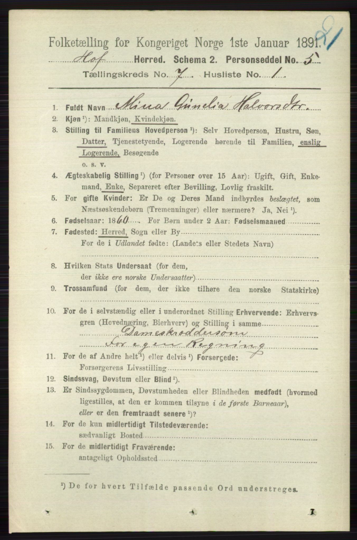 RA, 1891 census for 0714 Hof, 1891, p. 2429