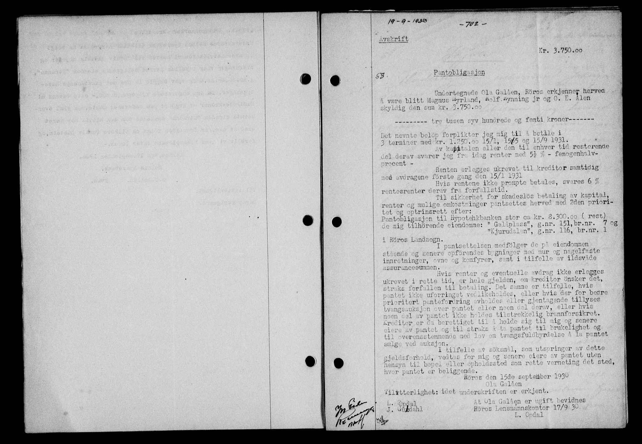 Gauldal sorenskriveri, AV/SAT-A-0014/1/2/2C/L0039: Mortgage book no. 40, 1930-1930, Deed date: 19.09.1930