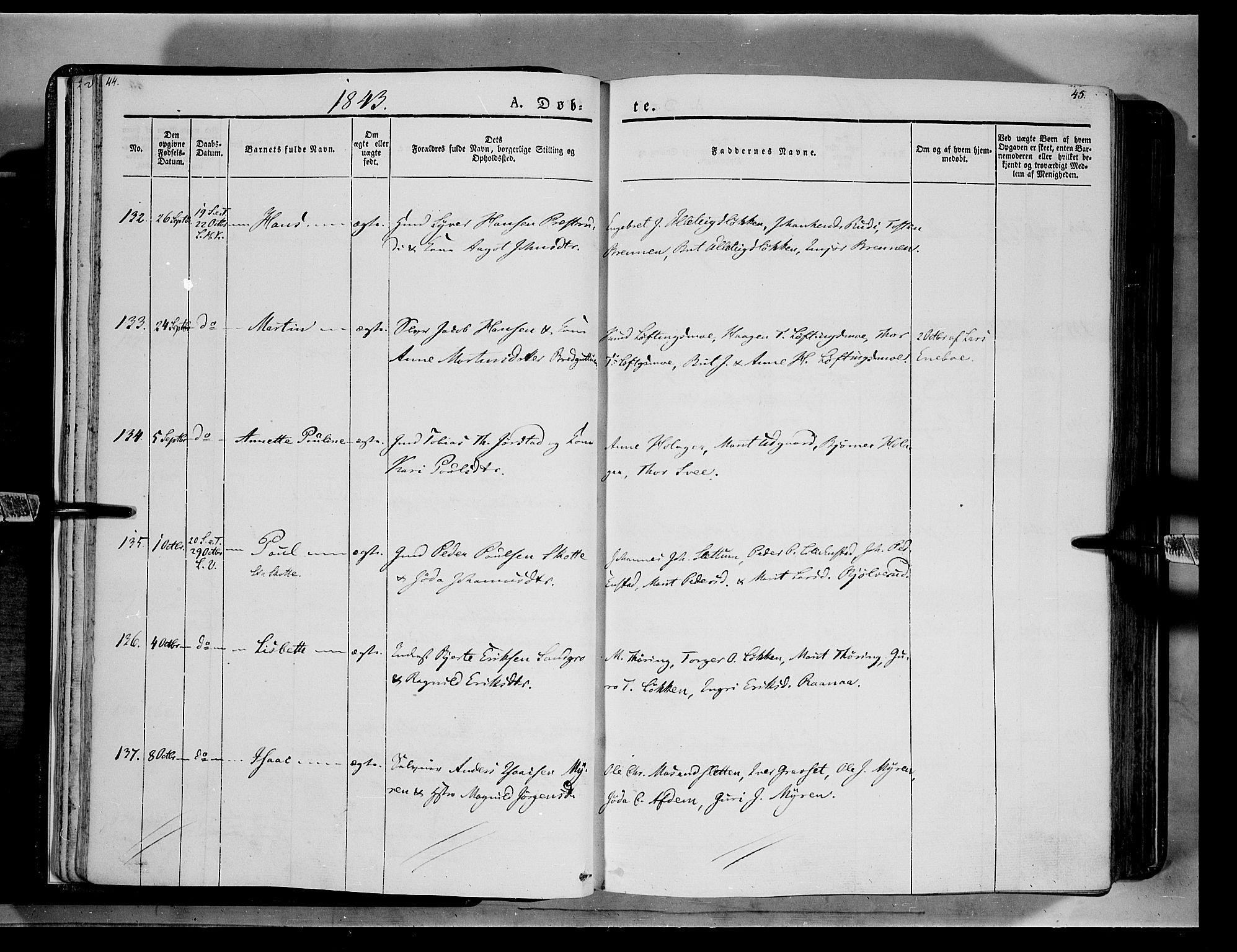 Lesja prestekontor, AV/SAH-PREST-068/H/Ha/Haa/L0006: Parish register (official) no. 6A, 1843-1854, p. 44-45