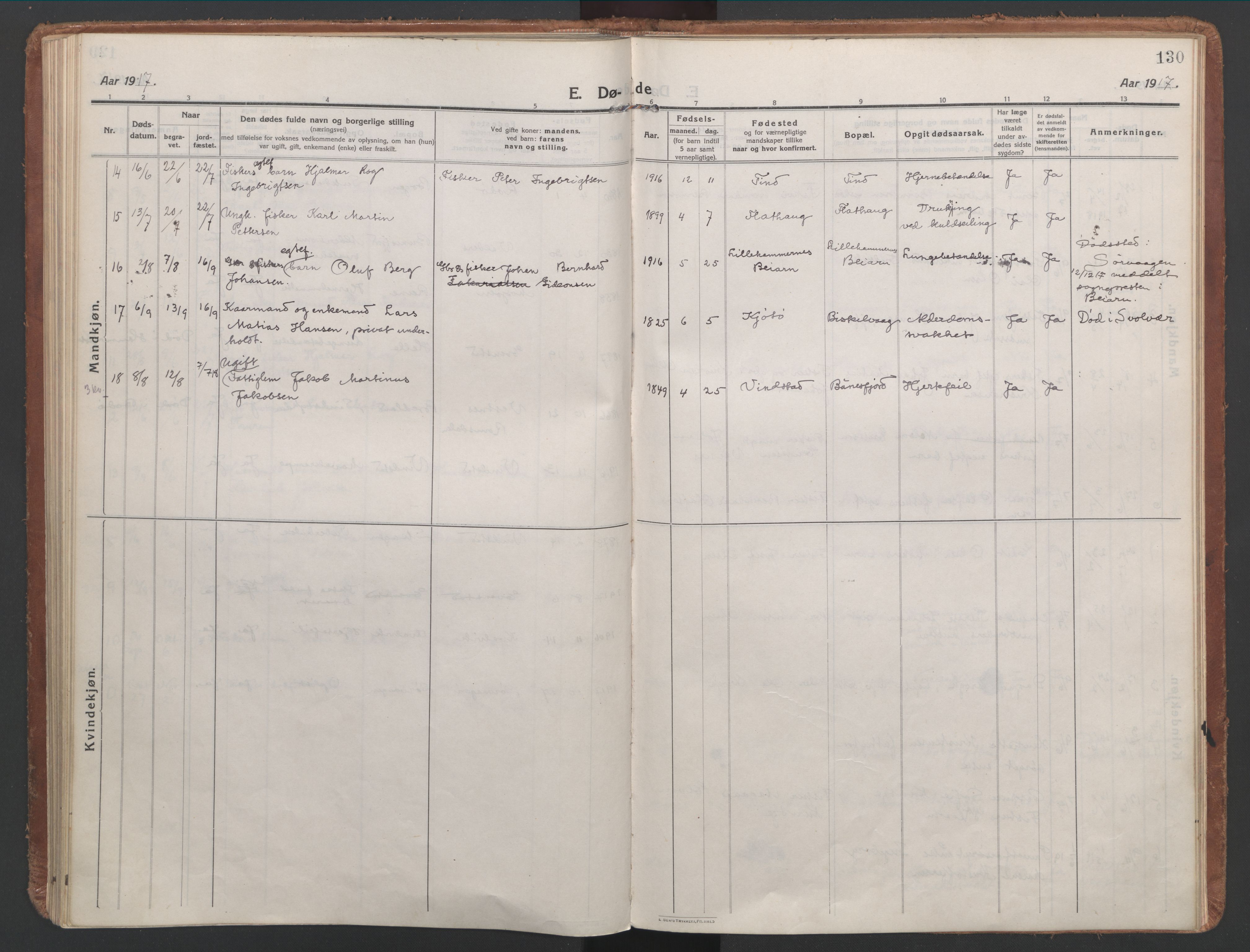 Ministerialprotokoller, klokkerbøker og fødselsregistre - Nordland, AV/SAT-A-1459/886/L1222: Parish register (official) no. 886A04, 1914-1926, p. 130