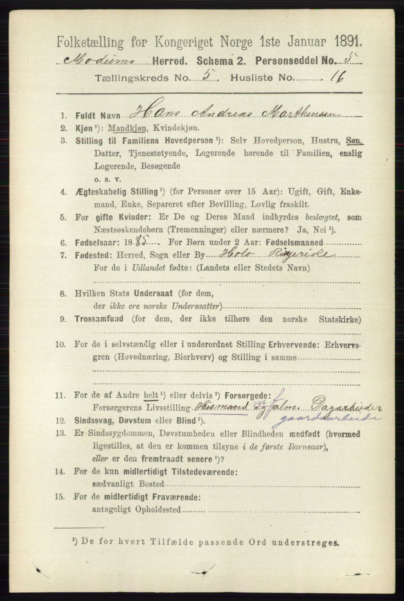 RA, 1891 census for 0623 Modum, 1891, p. 1562