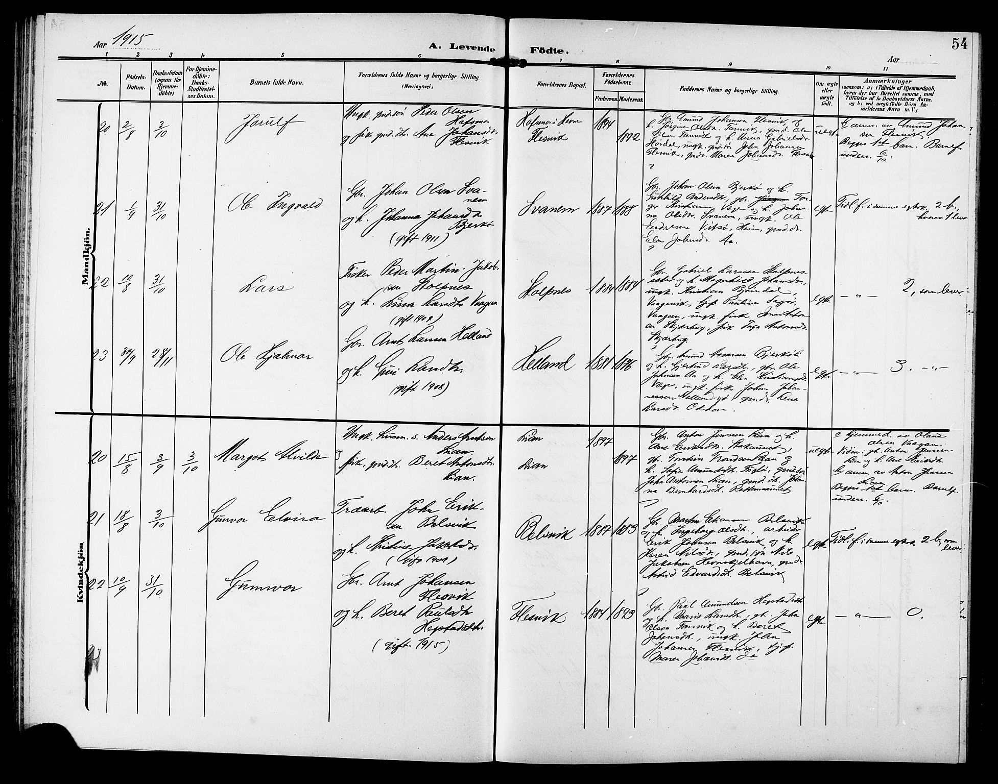 Ministerialprotokoller, klokkerbøker og fødselsregistre - Sør-Trøndelag, SAT/A-1456/633/L0520: Parish register (copy) no. 633C02, 1906-1921, p. 54